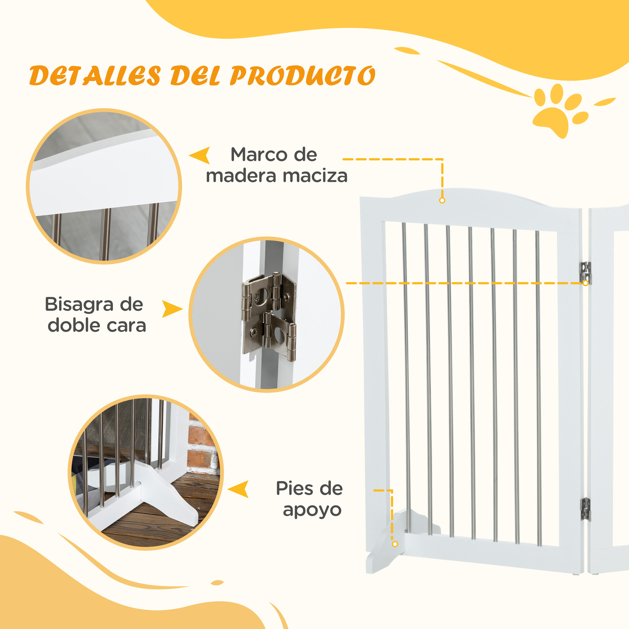 Primer plano de una puerta para mascotas blanca con bisagra de doble cara y marco de madera maciza. Tiene patas de apoyo.