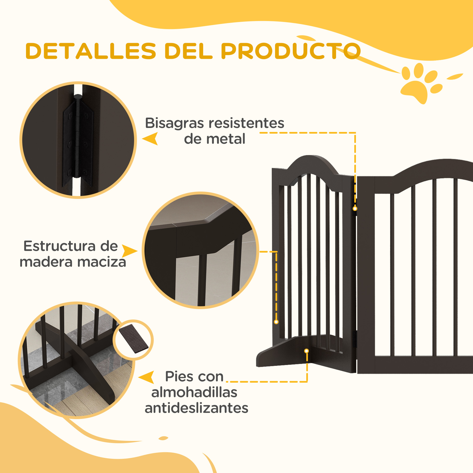 Primer plano de una puerta de madera con detalles de bisagras, estructura de madera maciza y almohadillas antideslizantes.