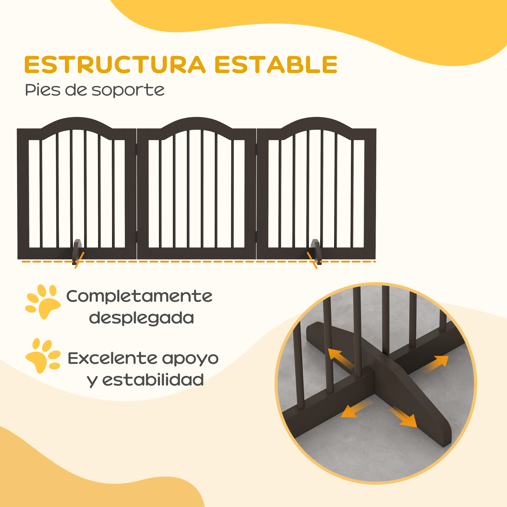 Puerta para mascotas marrón en tres secciones con pies de soporte. Detalles de soporte y estabilidad.
