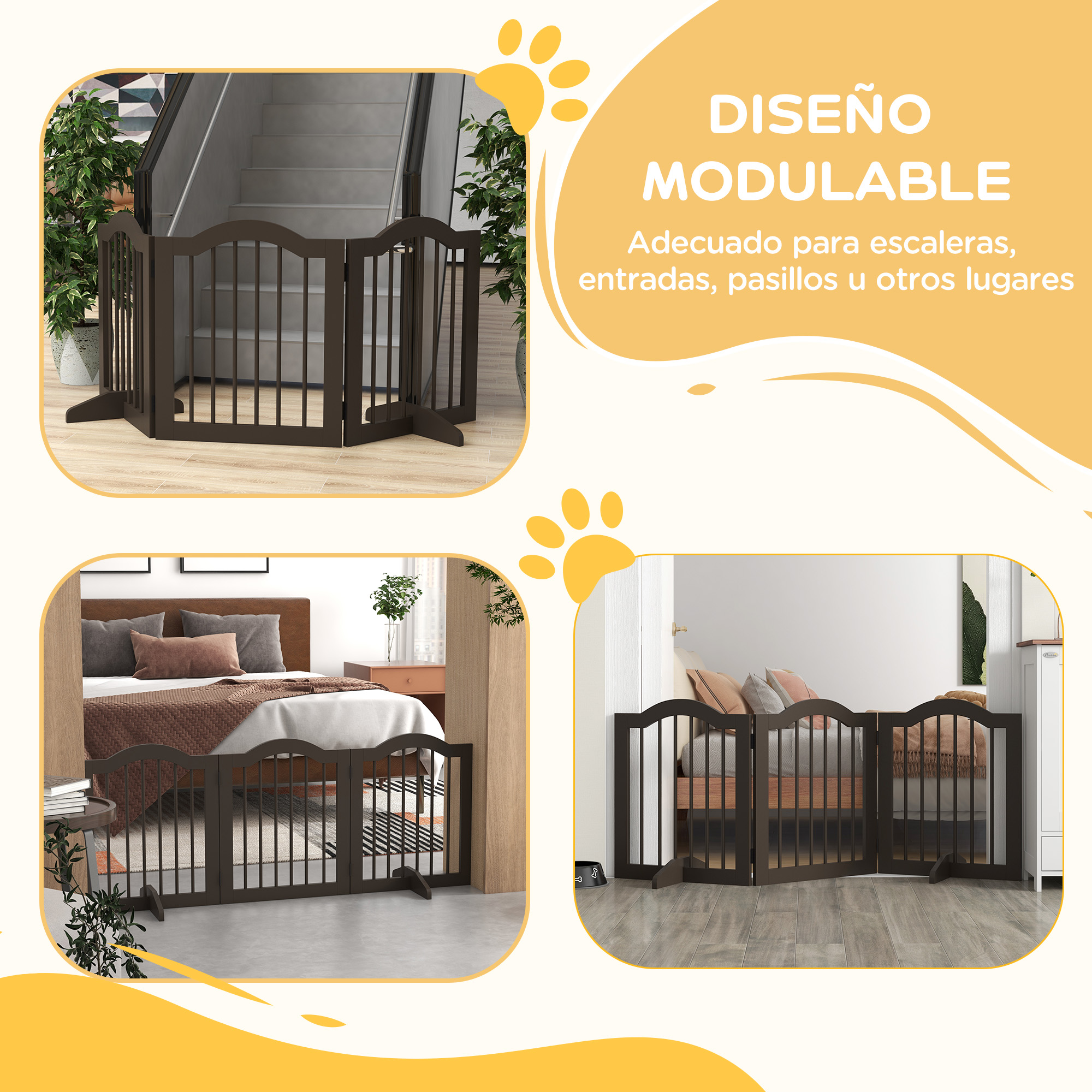 Barrera de seguridad para bebés de madera marrón, que se muestra en múltiples configuraciones. Diseño modular.