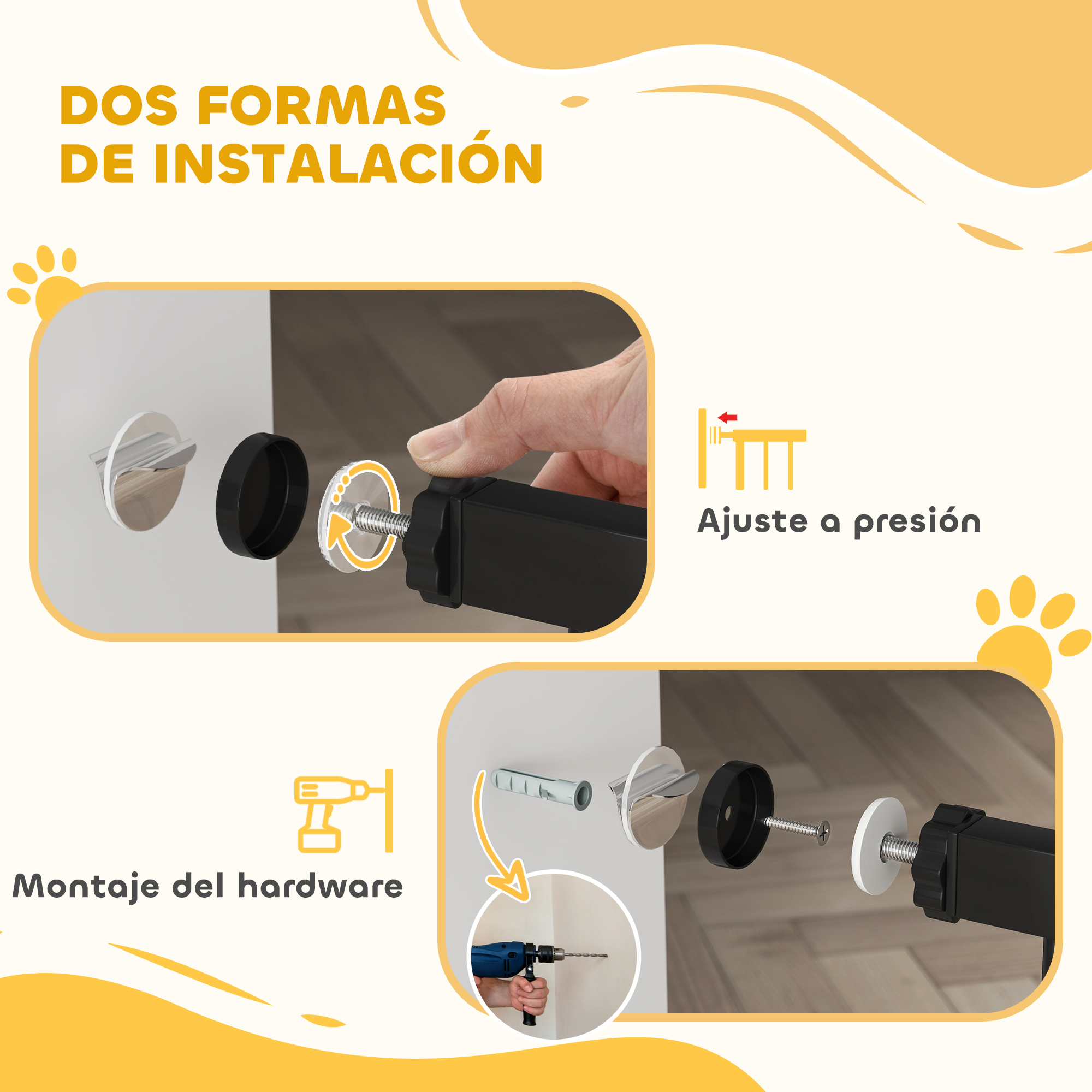 Dos diagramas sobre la instalación. Uno muestra tornillos, el otro un método de ajuste a presión.