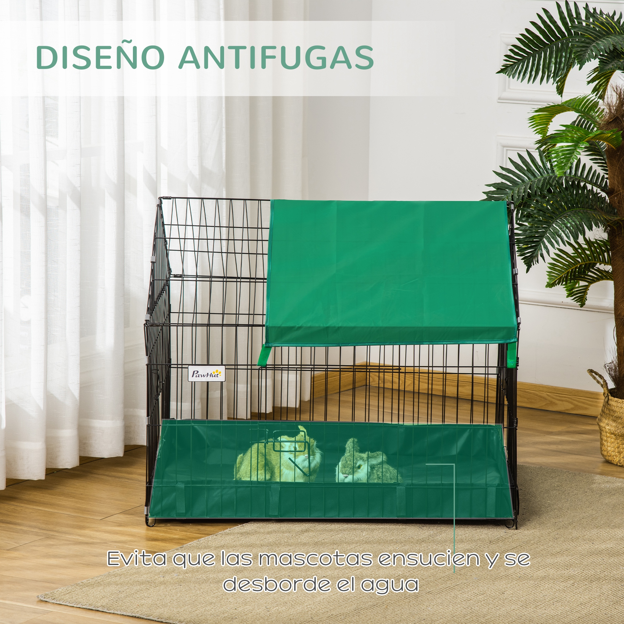 Una jaula de metal negro para mascotas con cubierta verde y fondo verde. Dos conejos están dentro de la jaula.