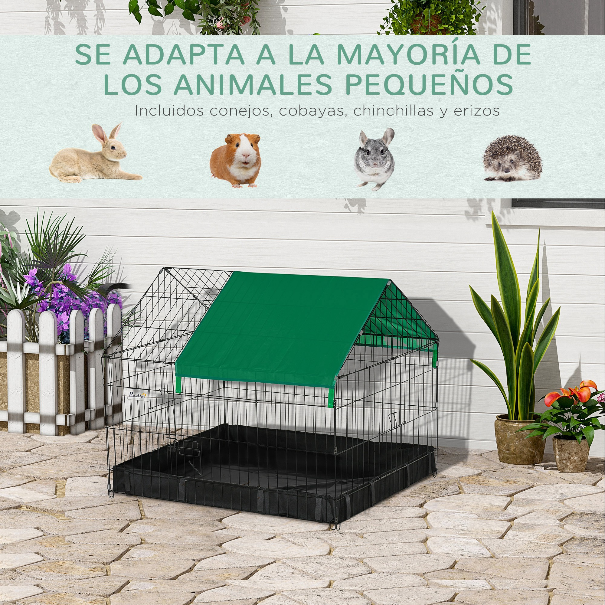 Un recinto para mascotas con techo verde. Se muestran imágenes de un conejo, un conejillo de indias, una chinchilla y un erizo.