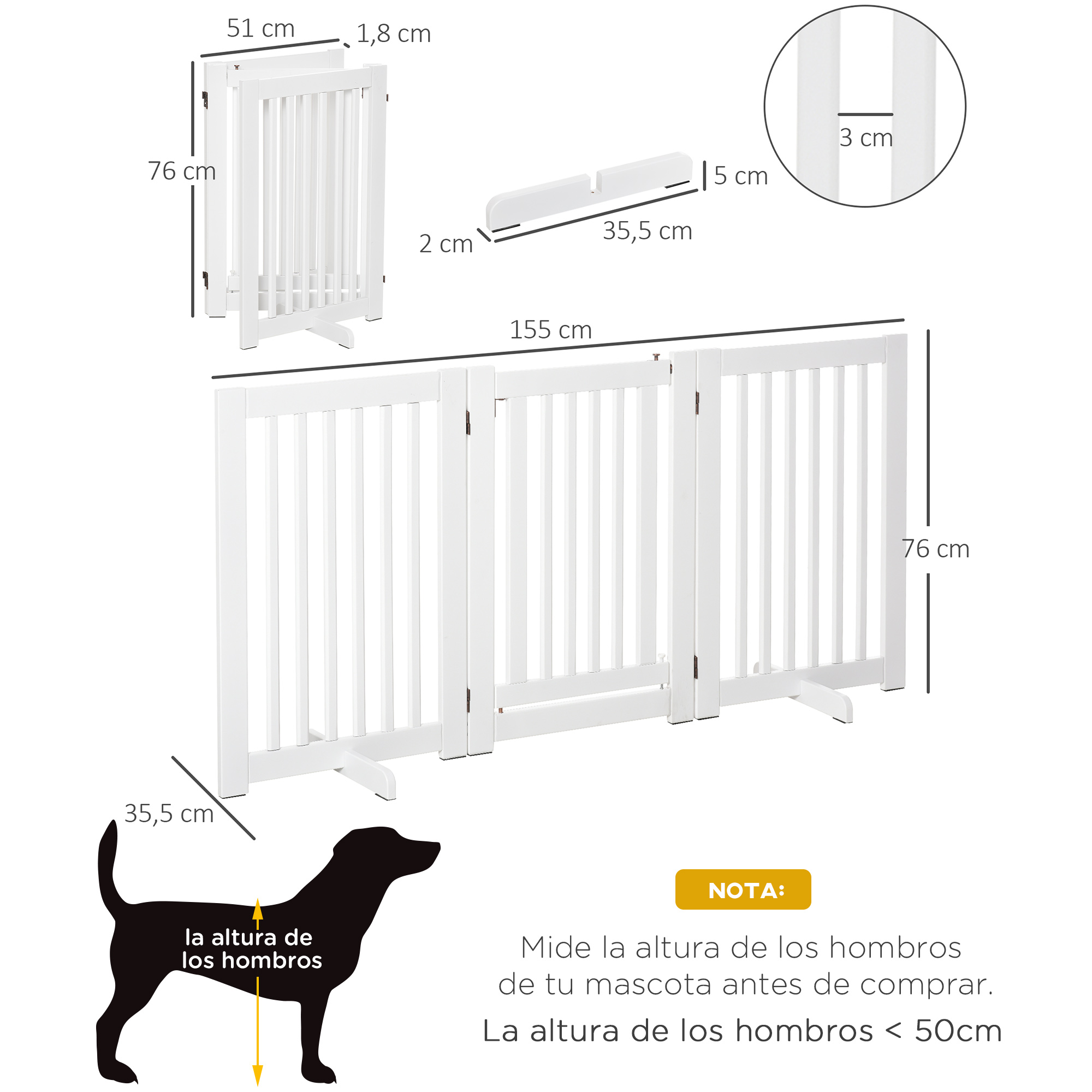 Puerta de madera blanca para perros, mostrada abierta. Dimensiones y una silueta de perro presentes.