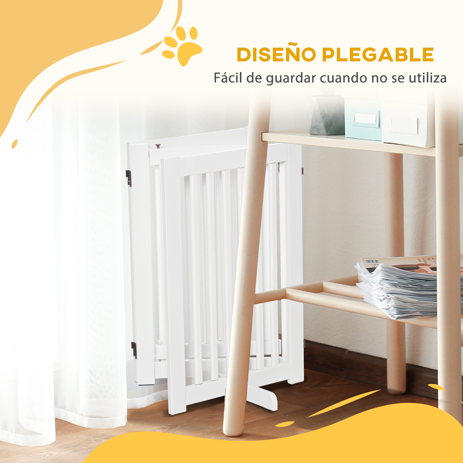 Una puerta plegable blanca para mascotas junto a una estantería de madera.