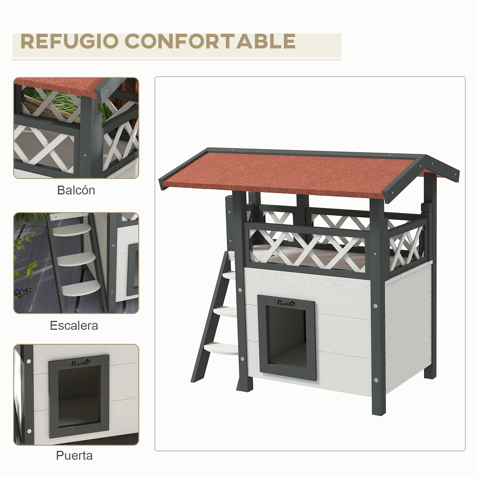 Casa para perros con techo rojo, paredes blancas, borde gris, escalera y balcón.