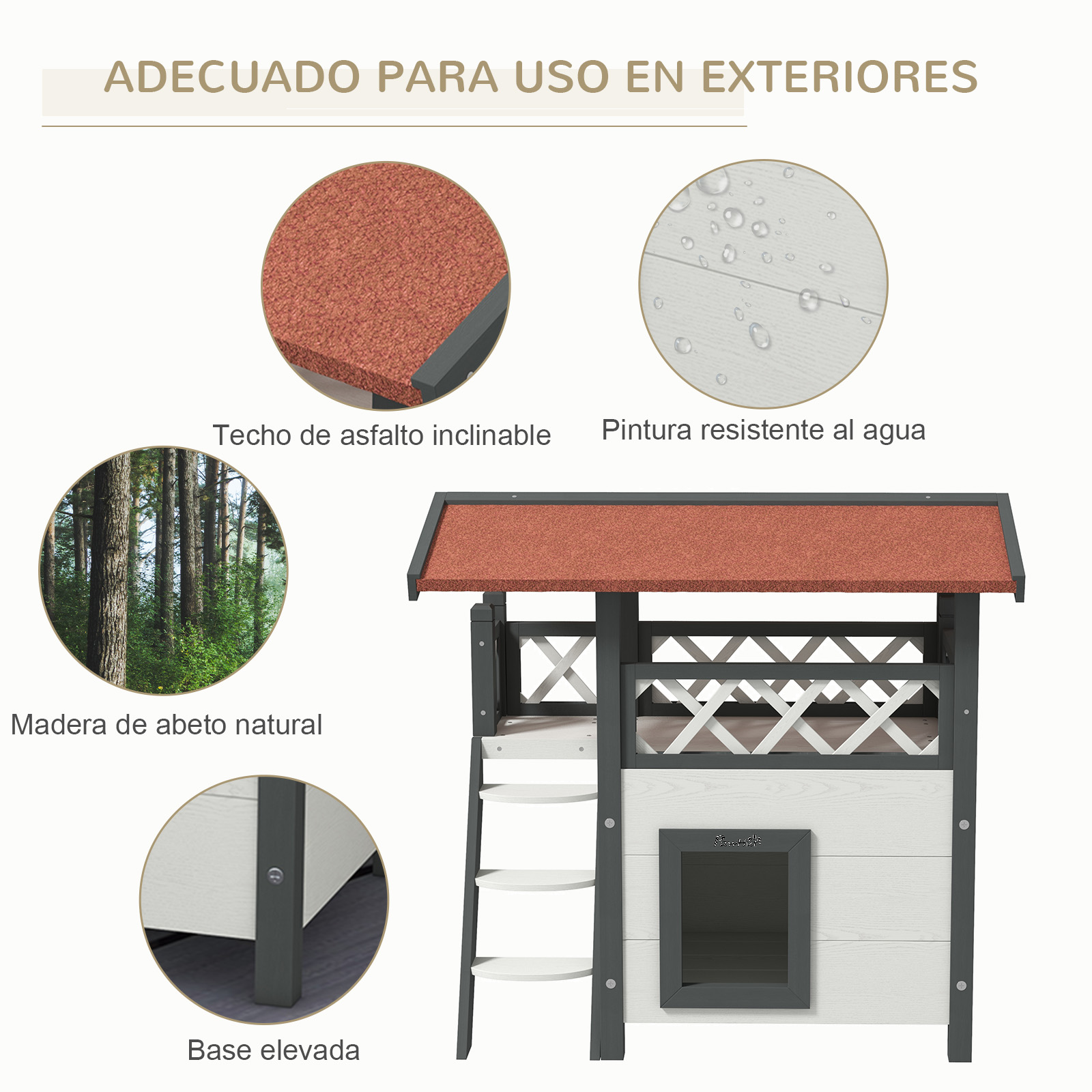 Caseta para perros con detalles: techo de asfalto, pintura resistente al agua, madera de abeto natural y base elevada.