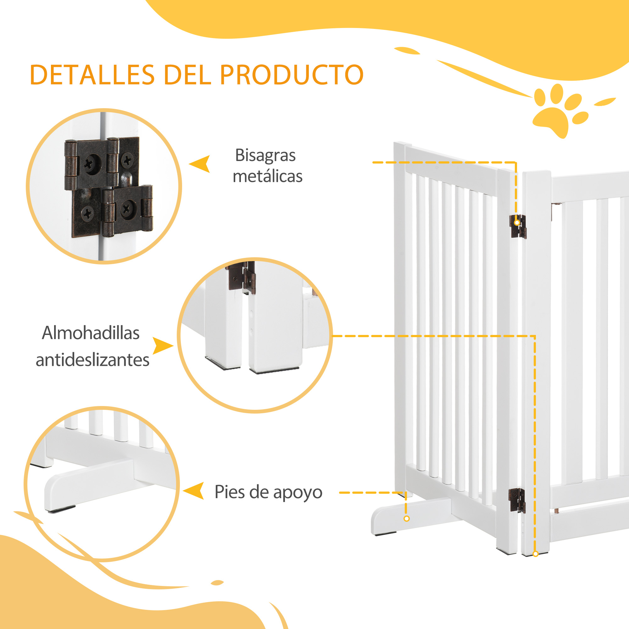 Detalles de una puerta de seguridad blanca para bebés. Se muestran bisagras metálicas, almohadillas antideslizantes y pies de apoyo.