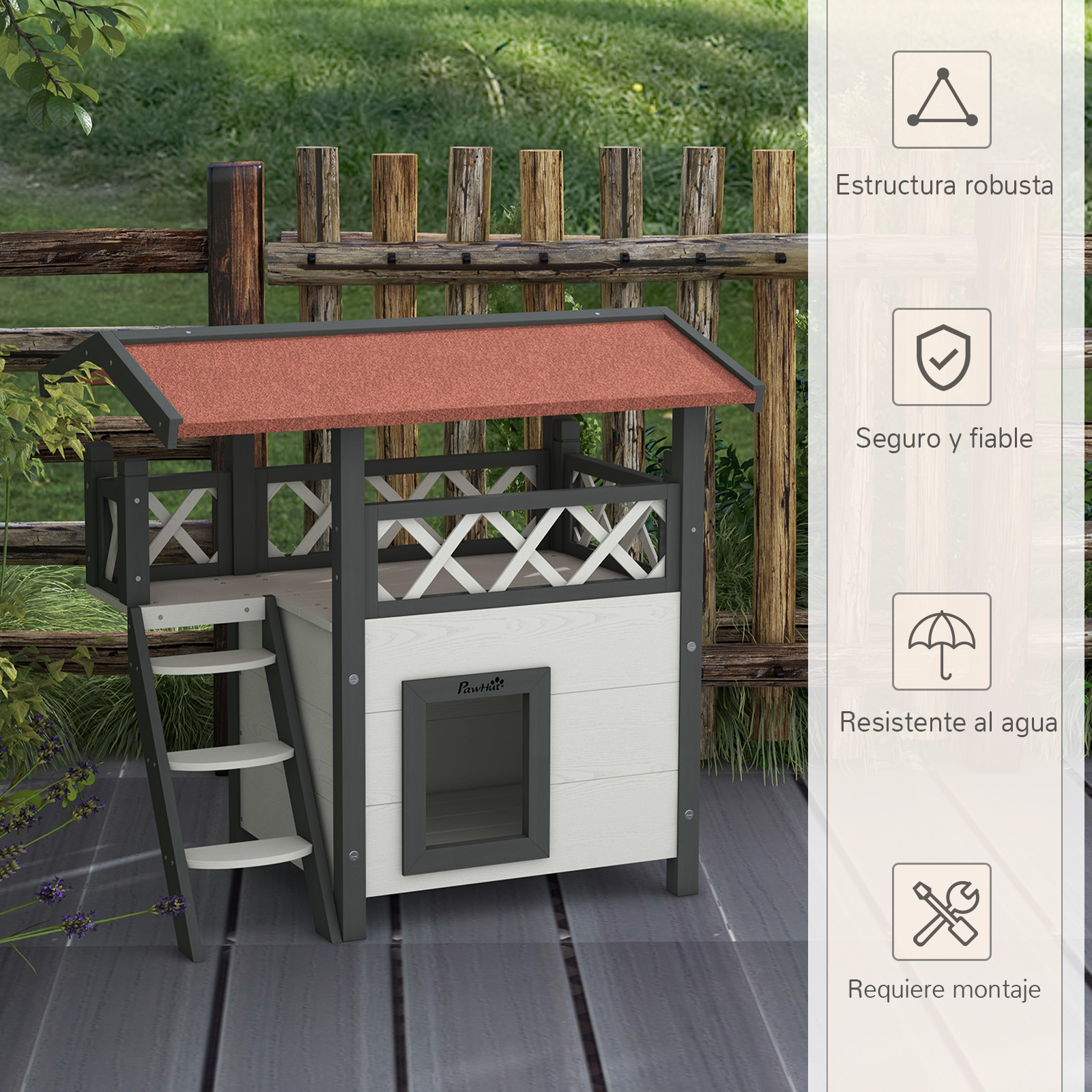Una caseta para perros con techo rojo, paredes blancas y grises y una pequeña escalera. Fondo de terraza de madera.