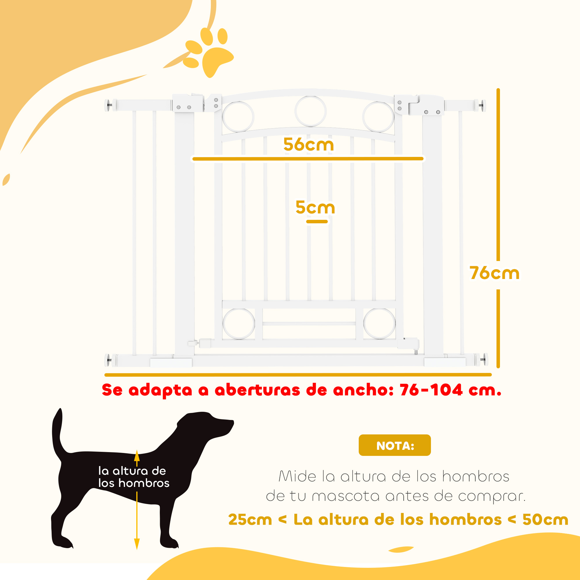 Puerta para mascotas con dimensiones y silueta de perro.
