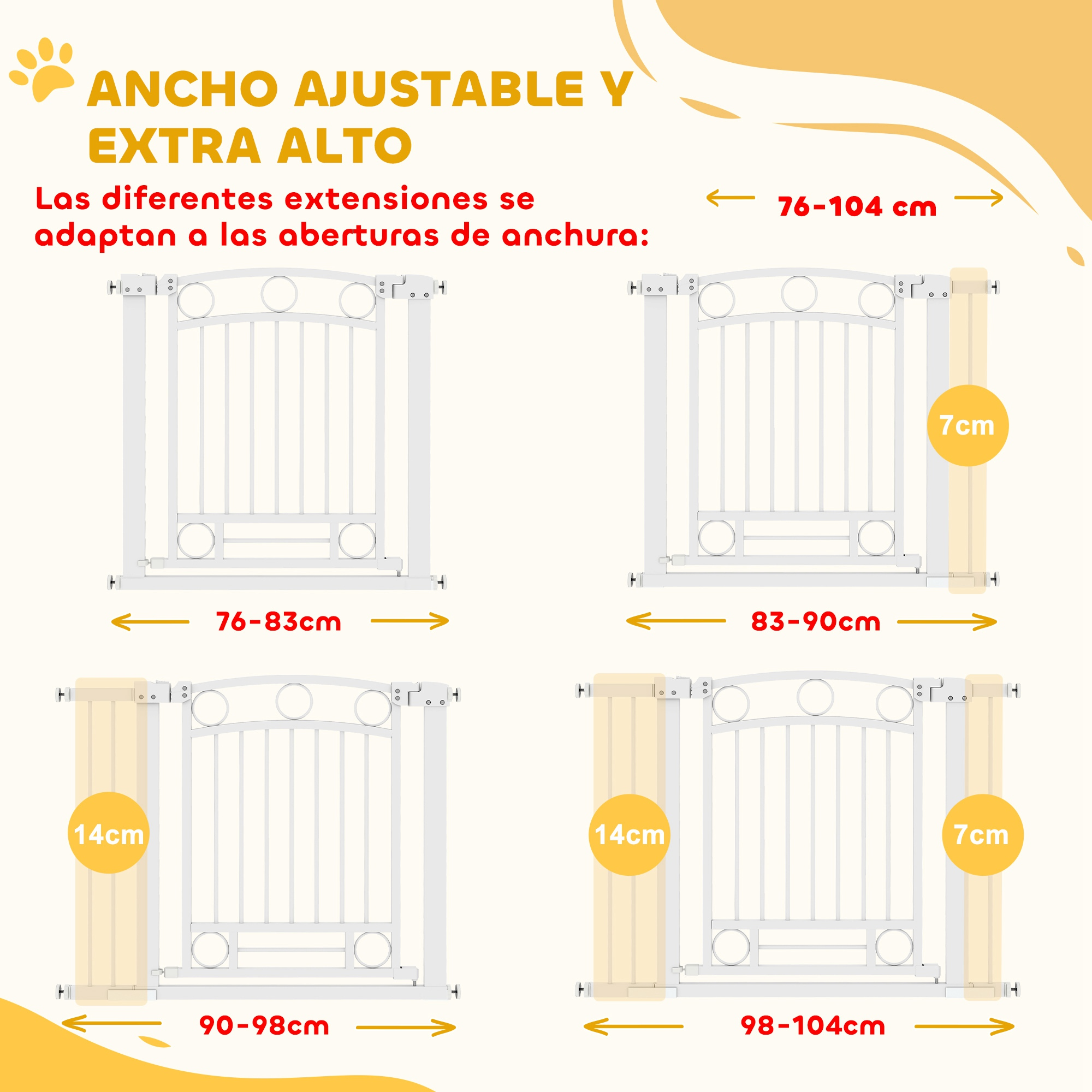 Puerta para perros ajustable y extra alta que muestra los rangos de tamaño.