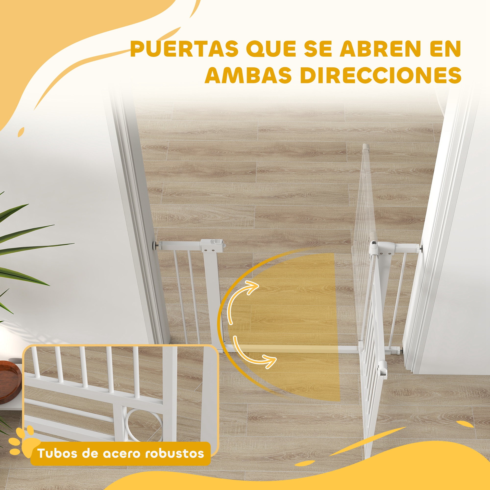 Barrera para bebés blanca con flechas que muestran que se abre en ambas direcciones, con texto en español.