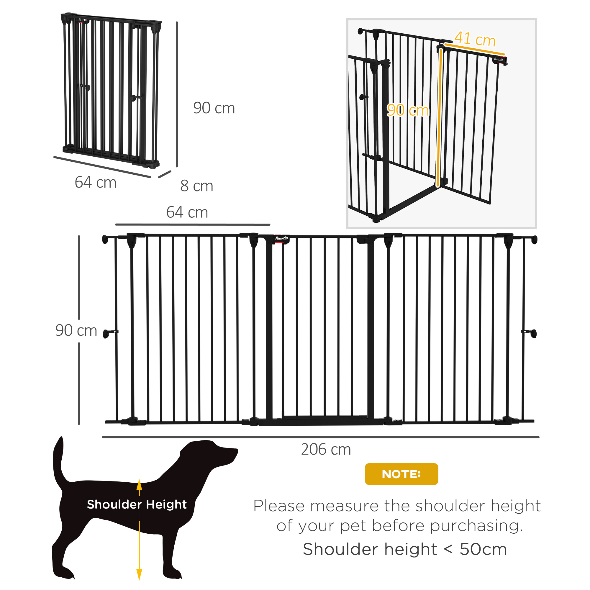 Barrera de seguridad para bebés de metal negro con dimensiones. Se muestra en múltiples configuraciones.