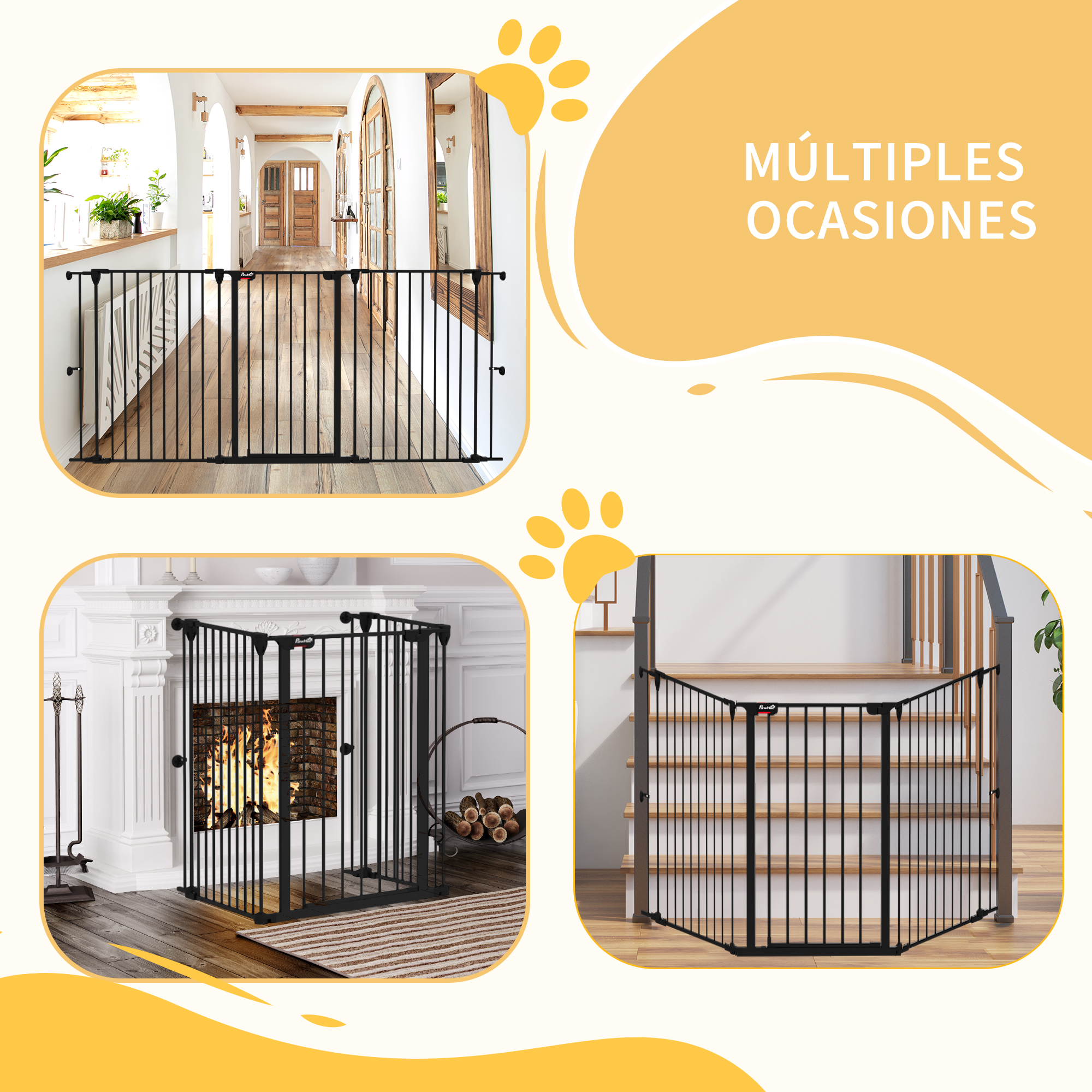 Fotos de puertas para mascotas en diferentes entornos: puerta, chimenea y escaleras. Todos son negros.