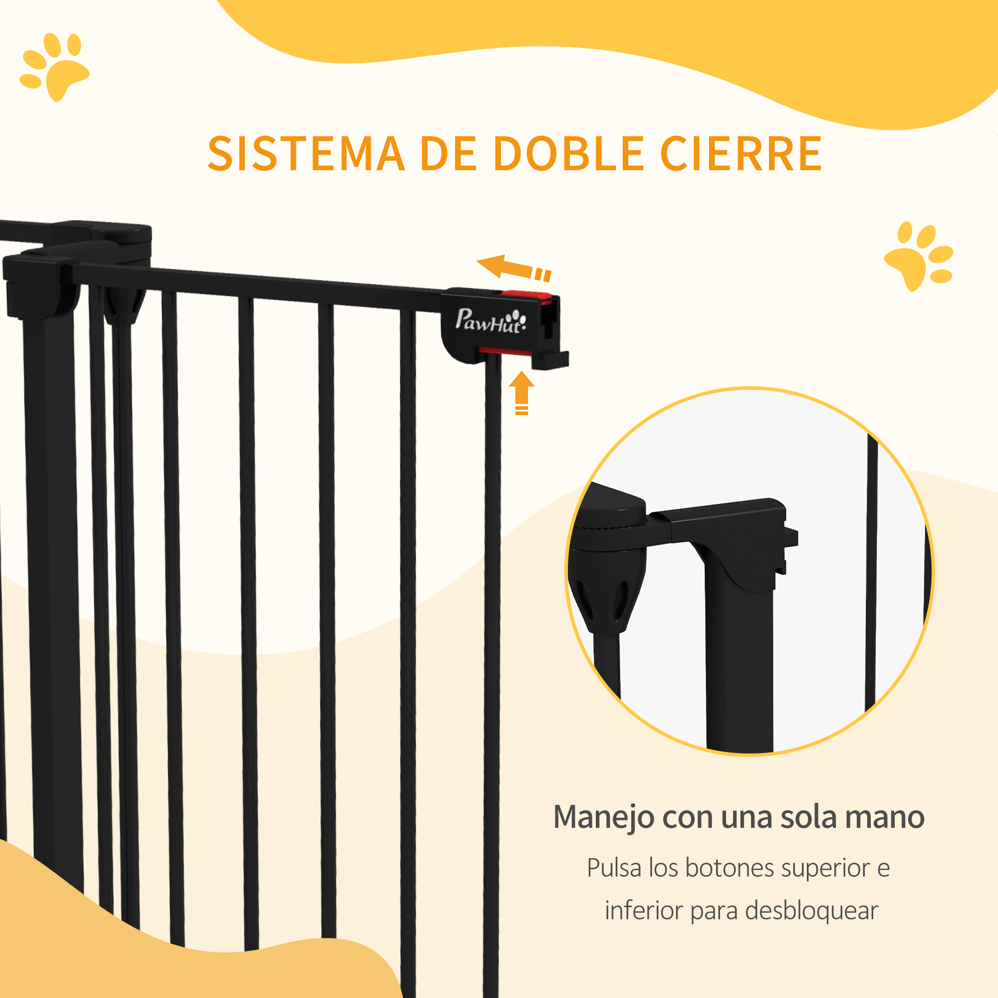 Puerta para mascotas negra y gris con sistema de doble cierre y manejo con una mano. Texto en español.