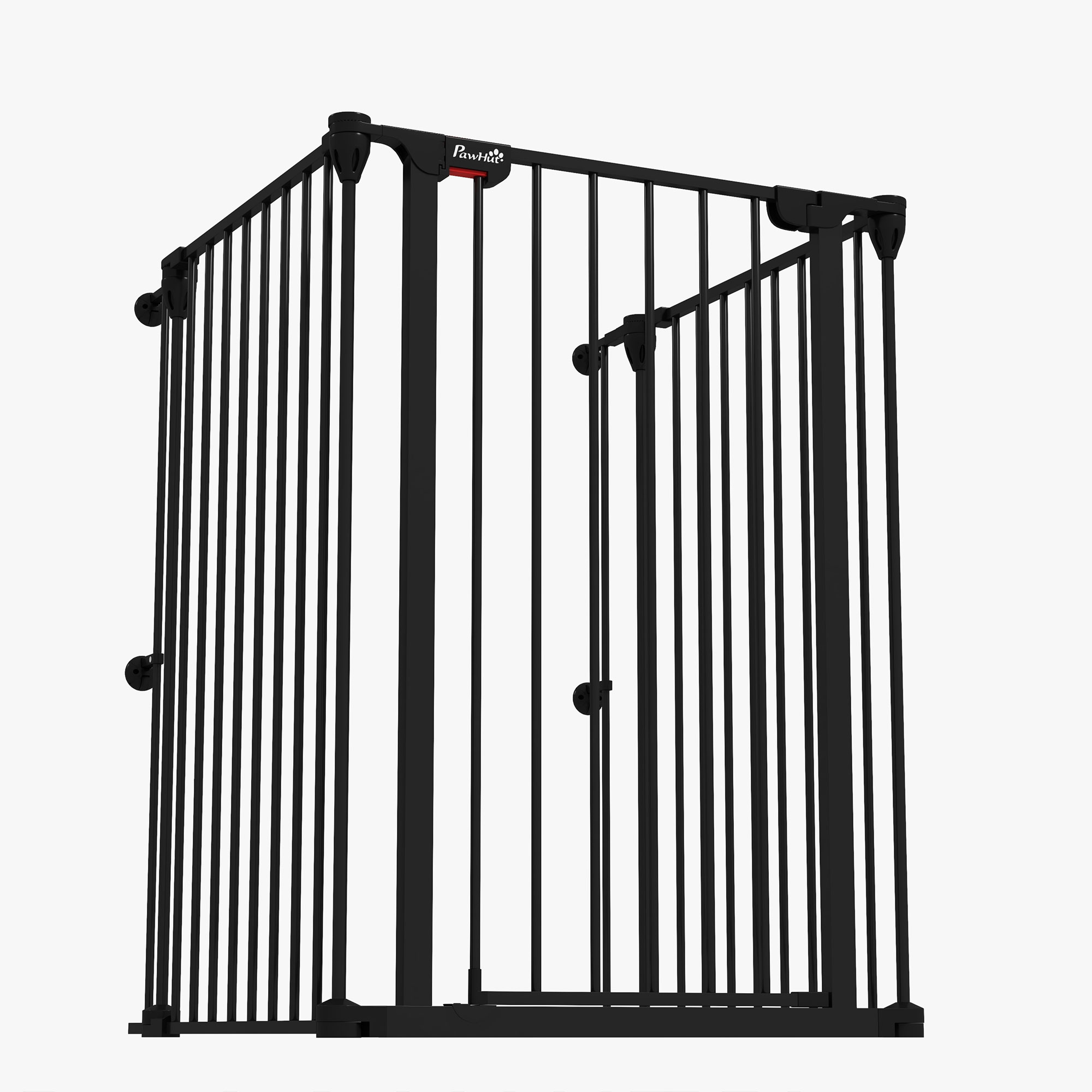 Una puerta para mascotas negra, con barras de metal, sobre un fondo blanco.