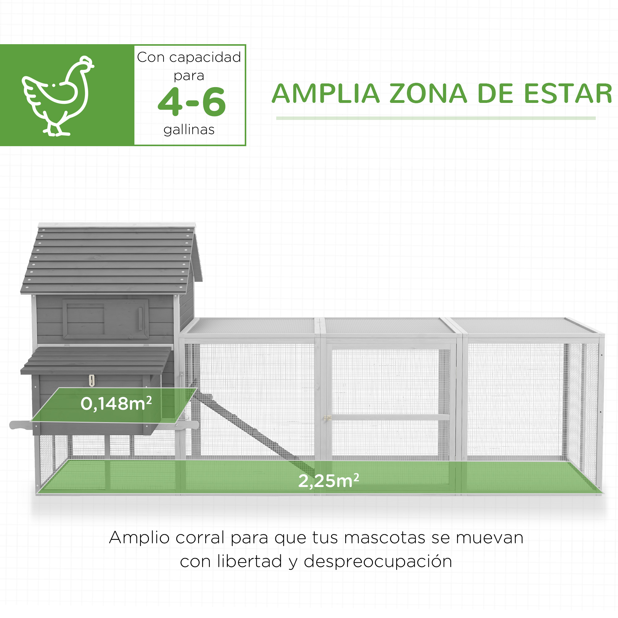 Un gallinero gris con una casita, una rampa y una gran zona abierta. Texto: 4-6 gallinas.