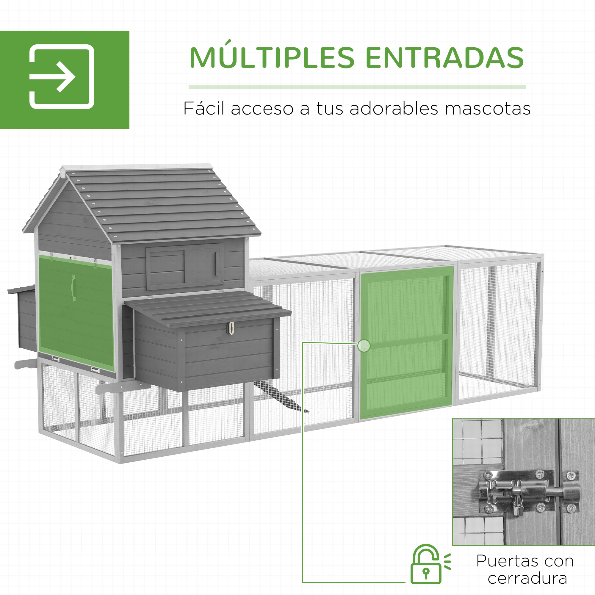 Un gallinero de madera gris con múltiples entradas y puertas sombreadas en verde.