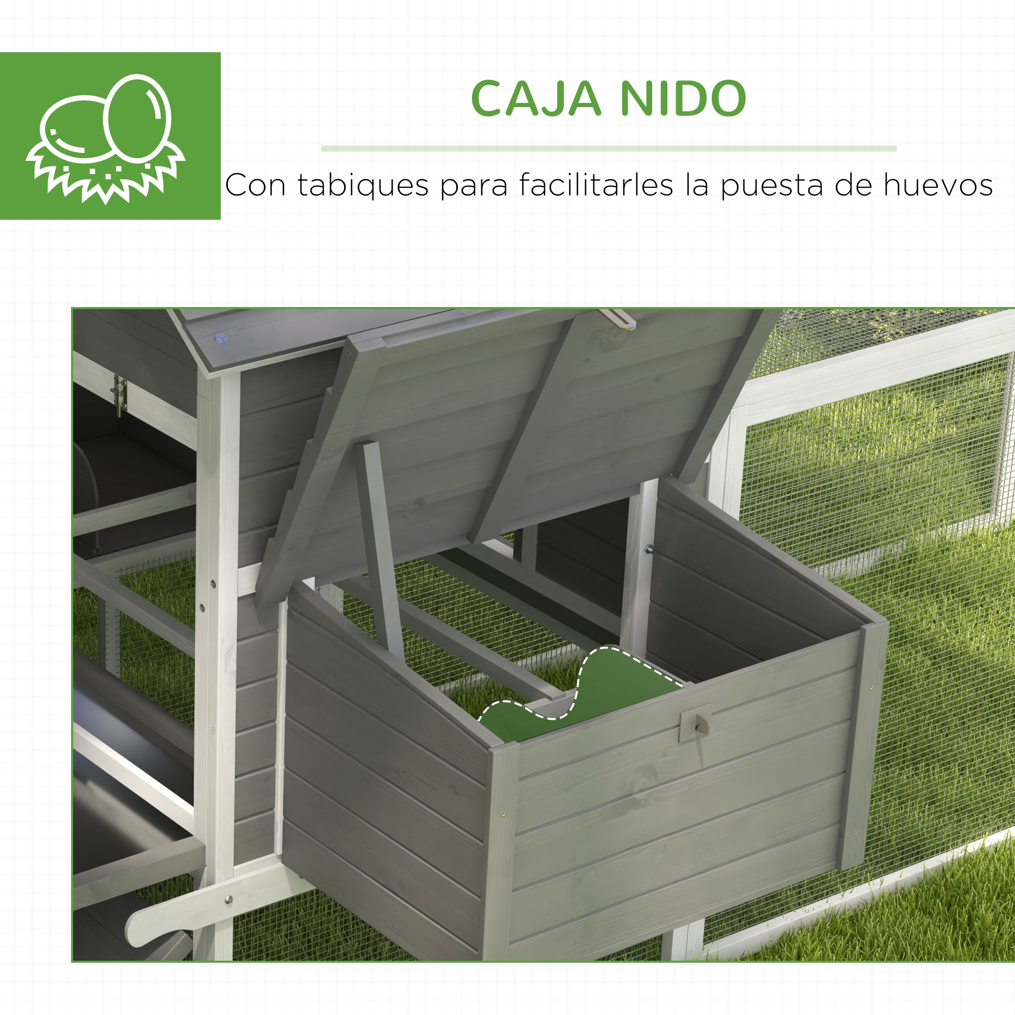 Gallinero de madera gris con ponedero abierto, mostrando la cama verde.