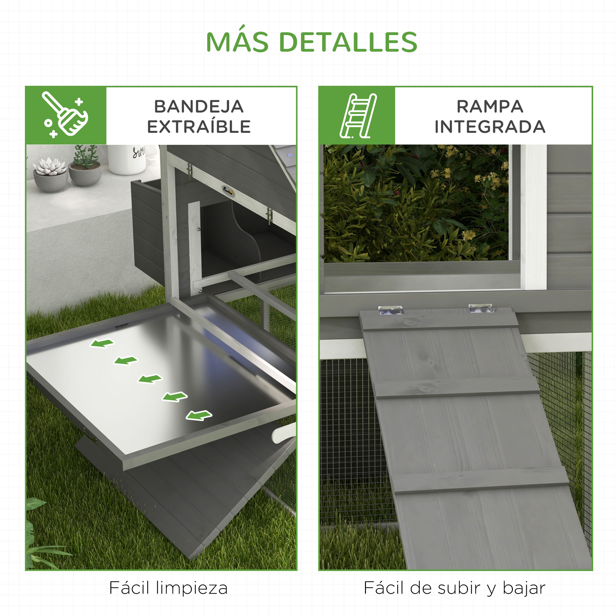 Detalles de un gallinero gris: bandeja extraíble y rampa integrada.