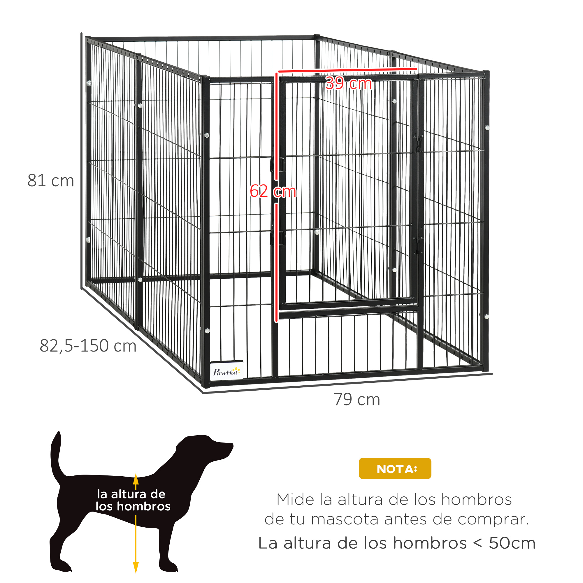 Un corral metálico negro para perros con dimensiones etiquetadas. Una silueta de perro en la parte inferior.