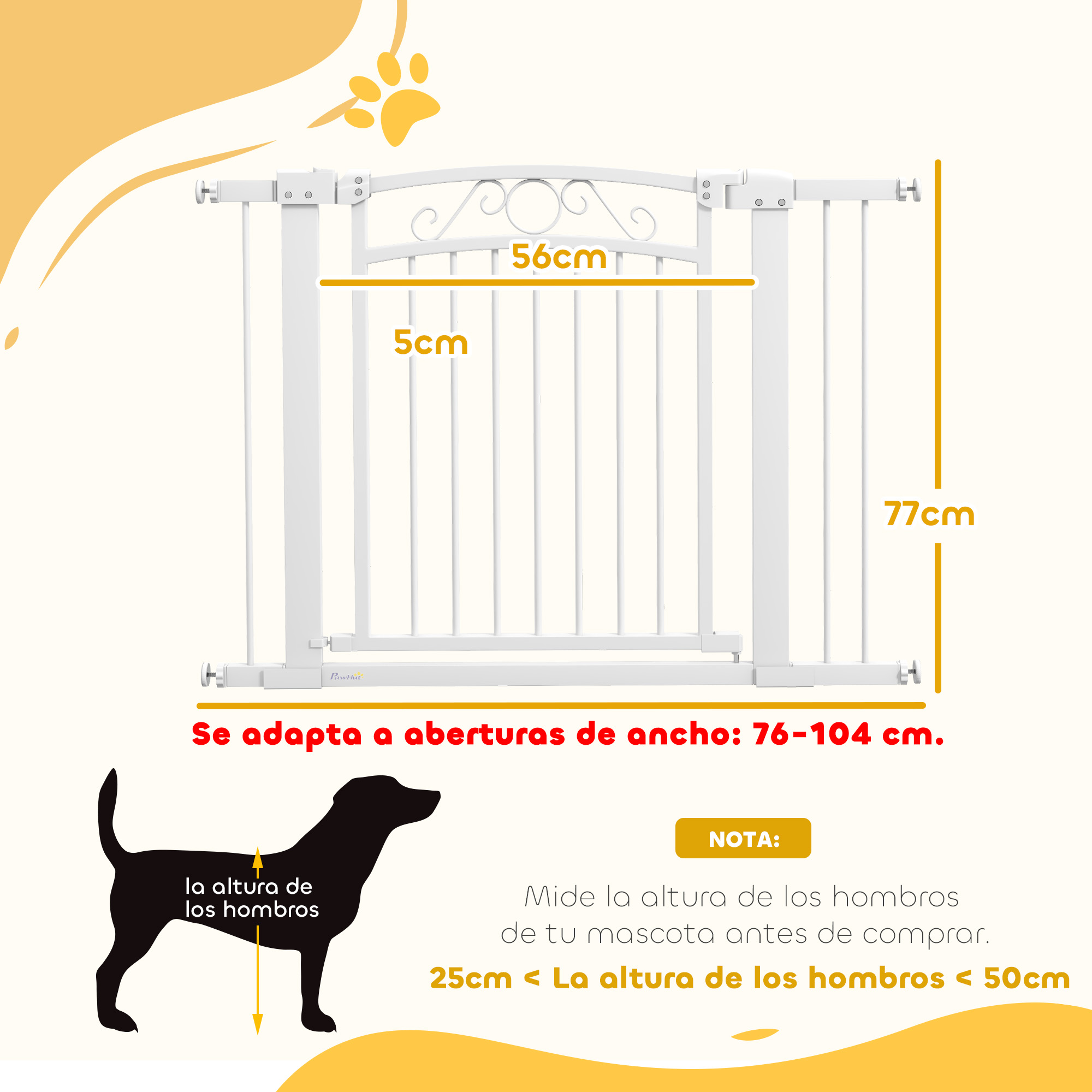 Barrera para mascotas blanca con dimensiones y silueta de perro como referencia de tamaño.