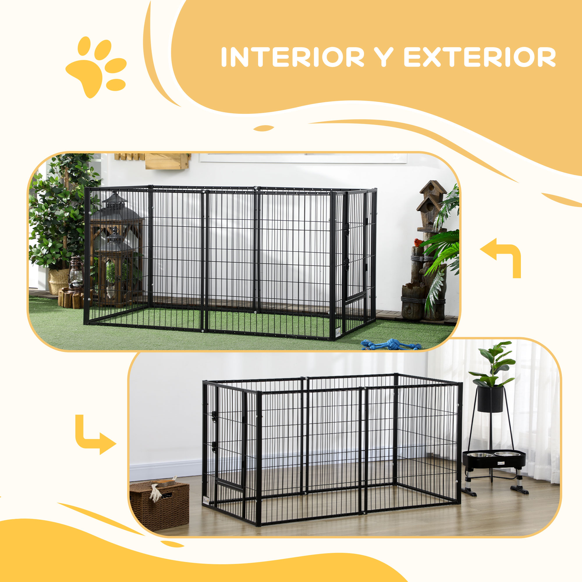 Corral para perros en césped, marco de metal negro. Fondo plantas y fuente de agua.