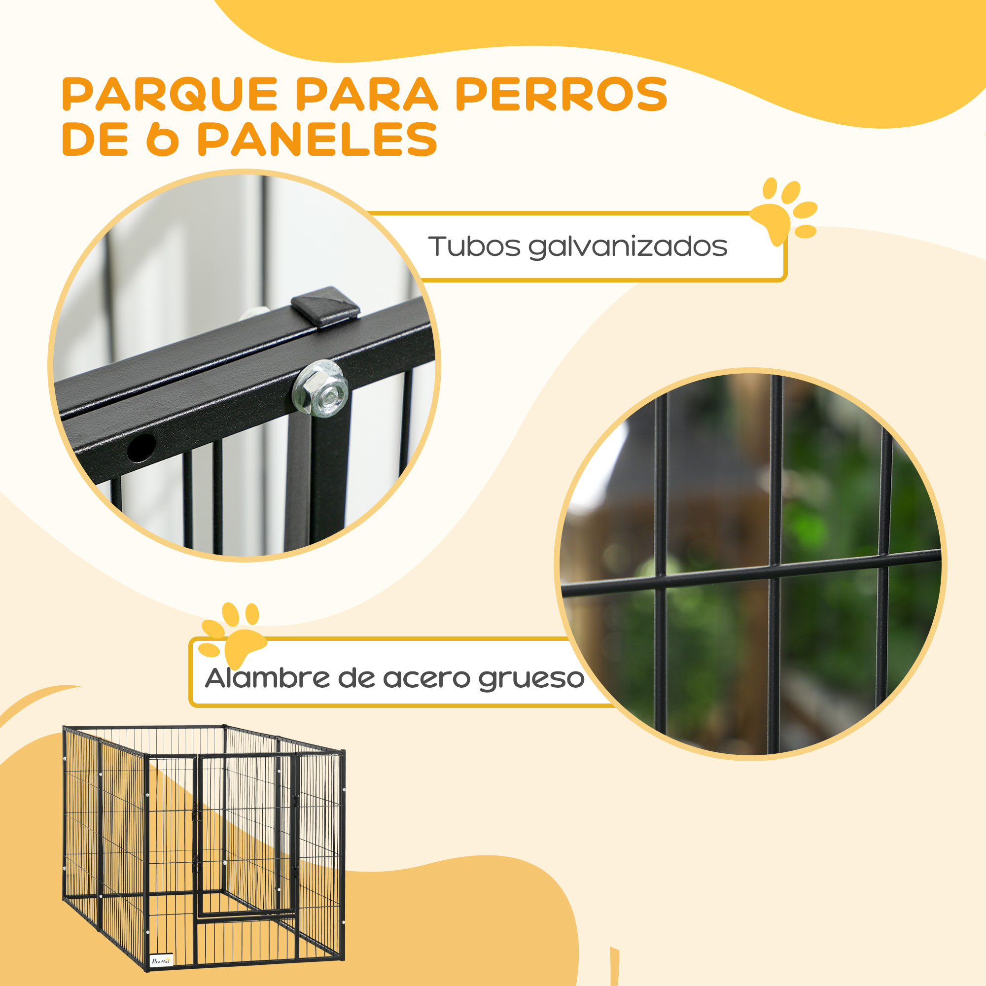Se muestra un parque para perros. El texto dice: Parque para perros con 6 paneles. Se detallan tubos galvanizados y alambre de acero grueso.