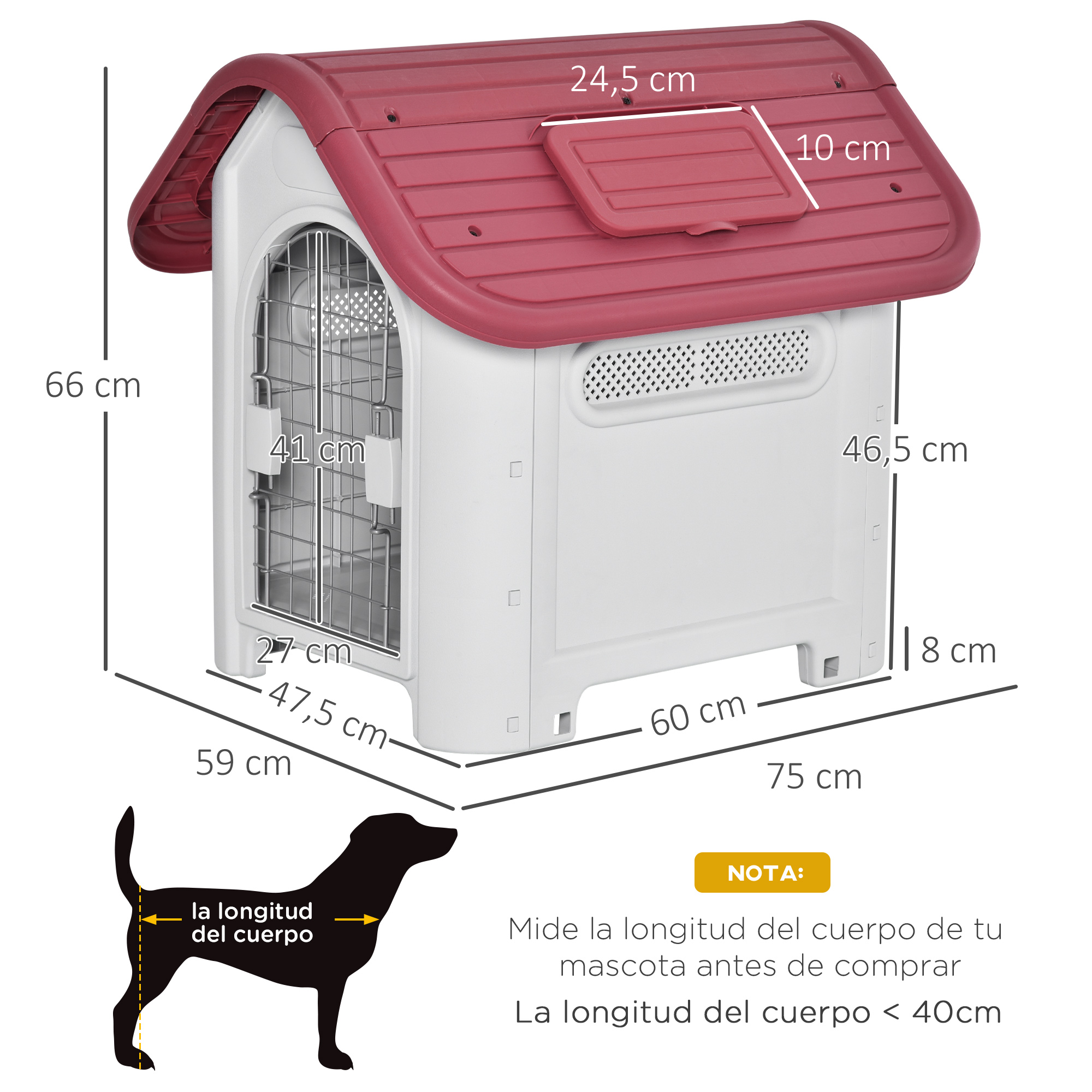 Caseta para perros con dimensiones. Blanca y techo rojo. Silueta de perro para tamaño.