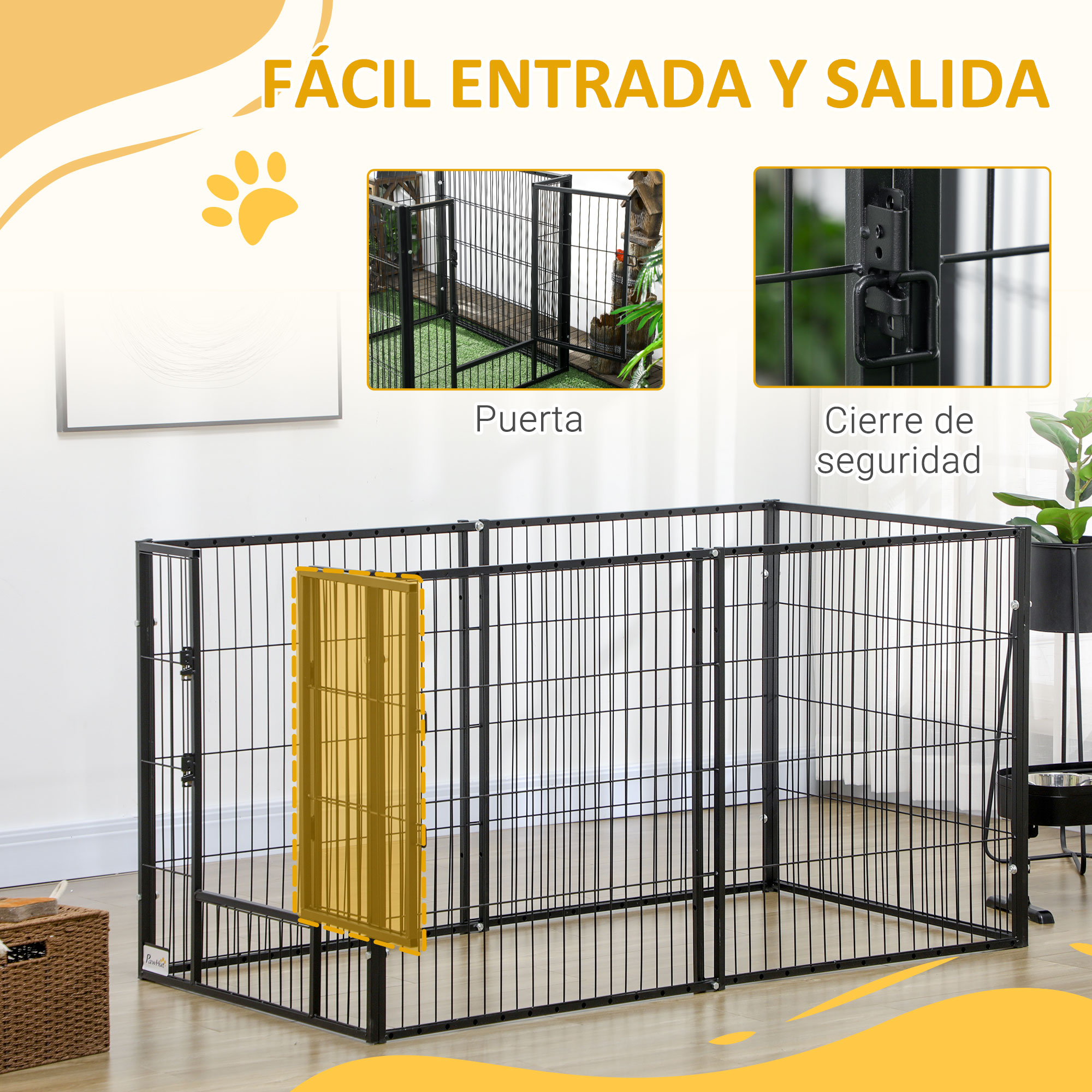 Parque metálico negro para mascotas. Incluye puerta y cierre de seguridad. El fondo muestra una habitación.