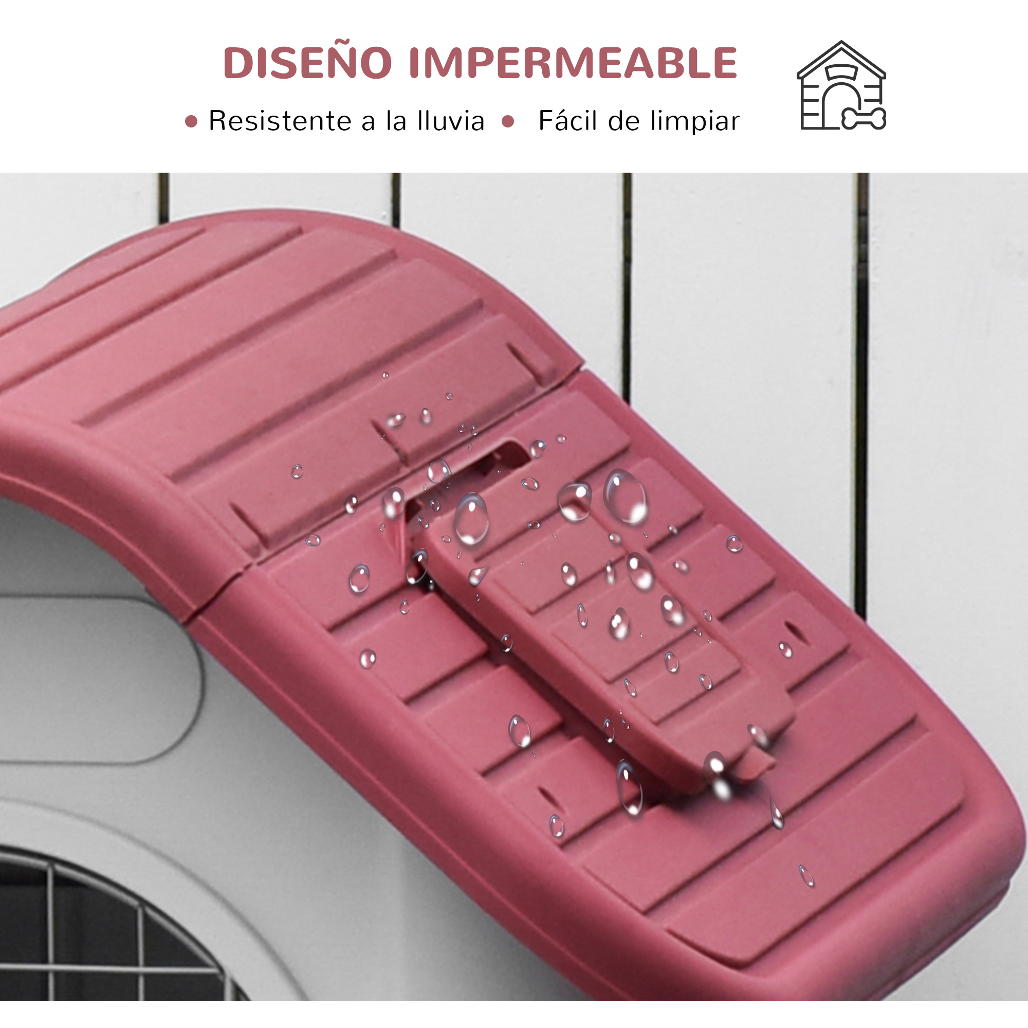 Primer plano de un escalón rosa para perros. Se ven gotas de agua, lo que indica su diseño impermeable.