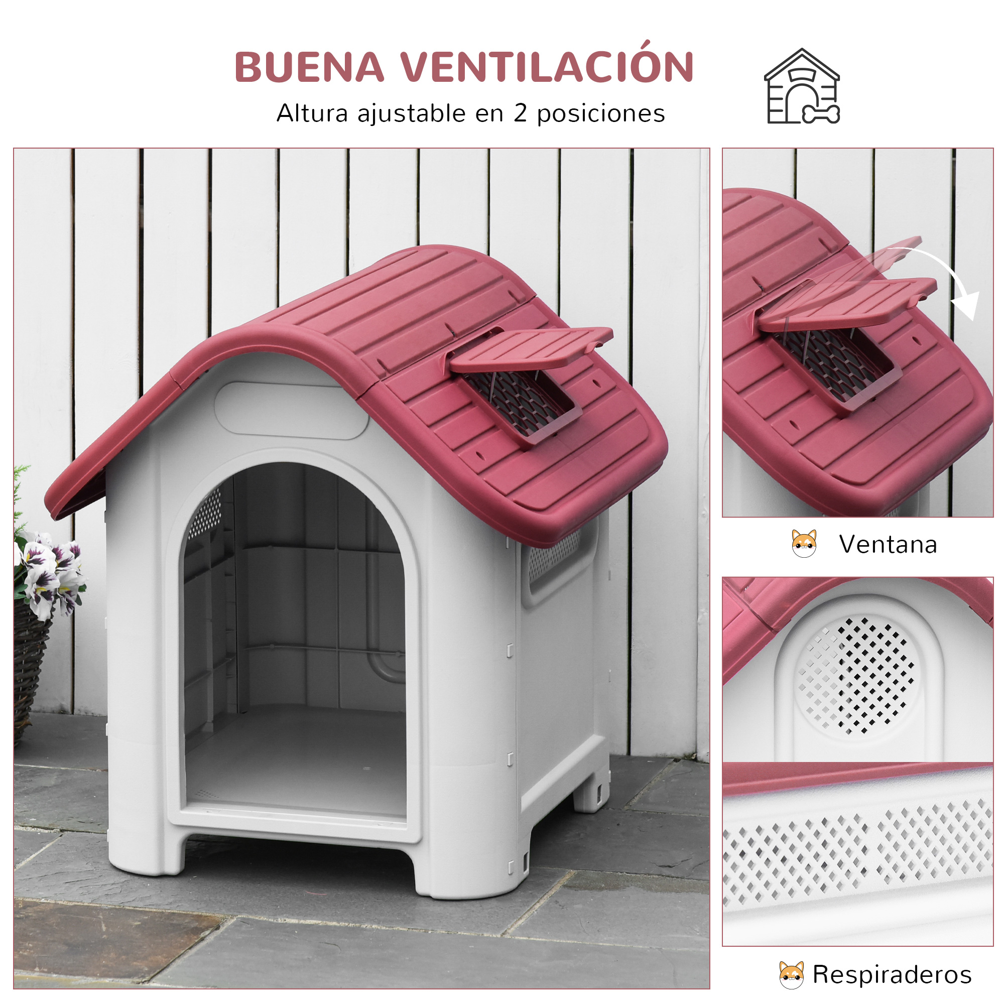 Caseta para perros blanca y roja con respiraderos ajustables en el techo. Tiene ventana y ventilación.