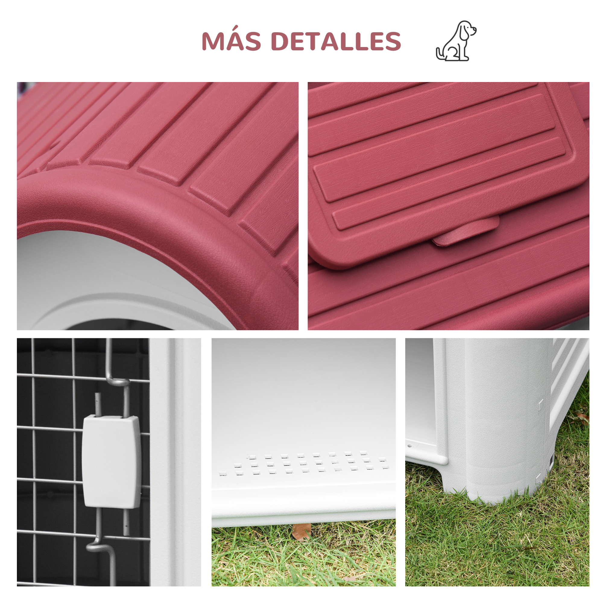 Imágenes de primer plano de una caseta para perros que muestran el techo, detalles y otros elementos.