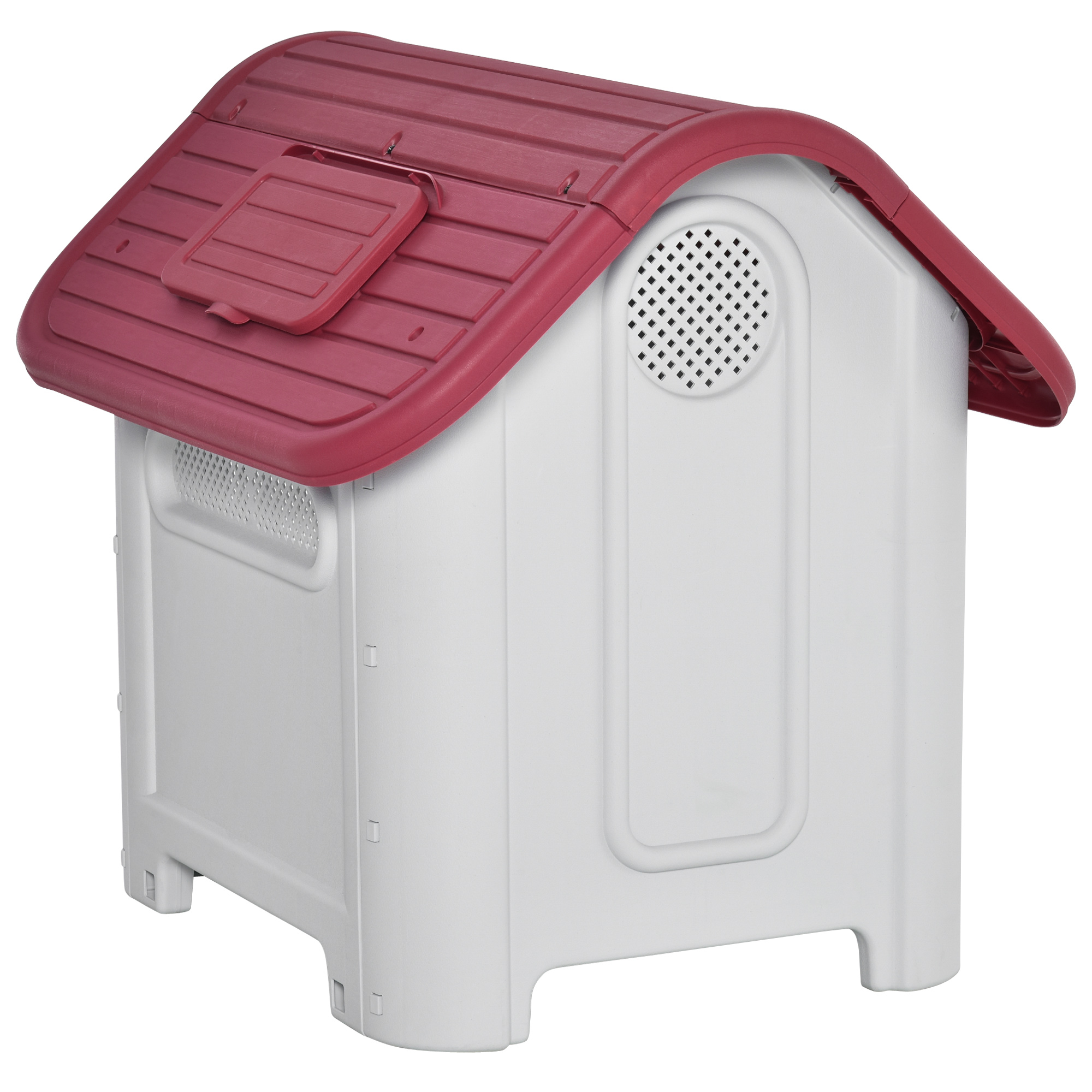 Una caseta para perros con techo burdeos y cuerpo blanco. Tiene una pequeña puerta y orificios de ventilación.
