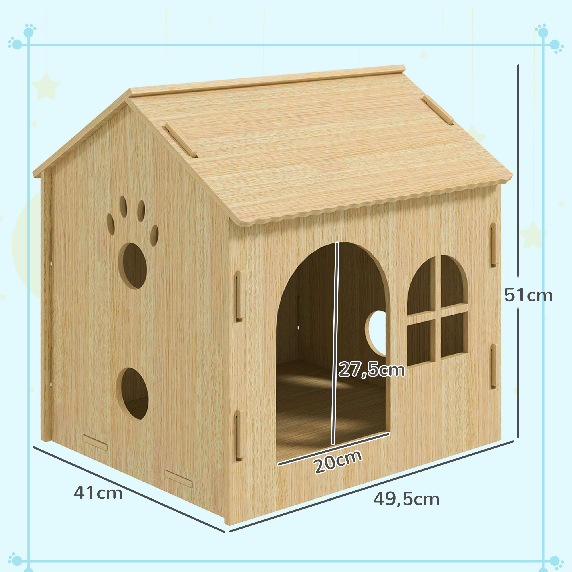 Casa para gatos de madera con agujero en forma de pata, un agujero redondo y una puerta arqueada con medidas.
