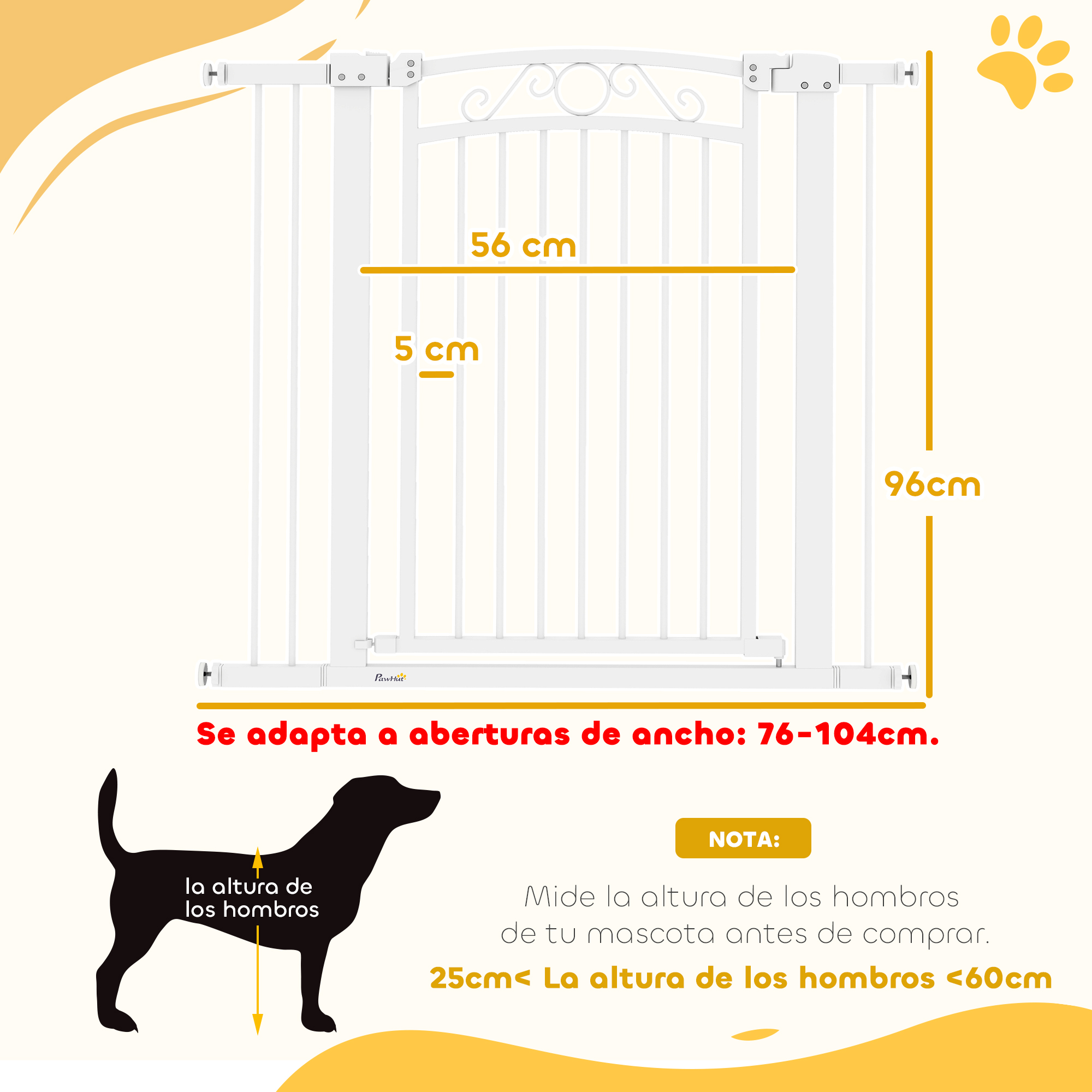 Puerta para mascotas blanca con dimensiones y silueta de perro. El texto indica la altura del hombro.