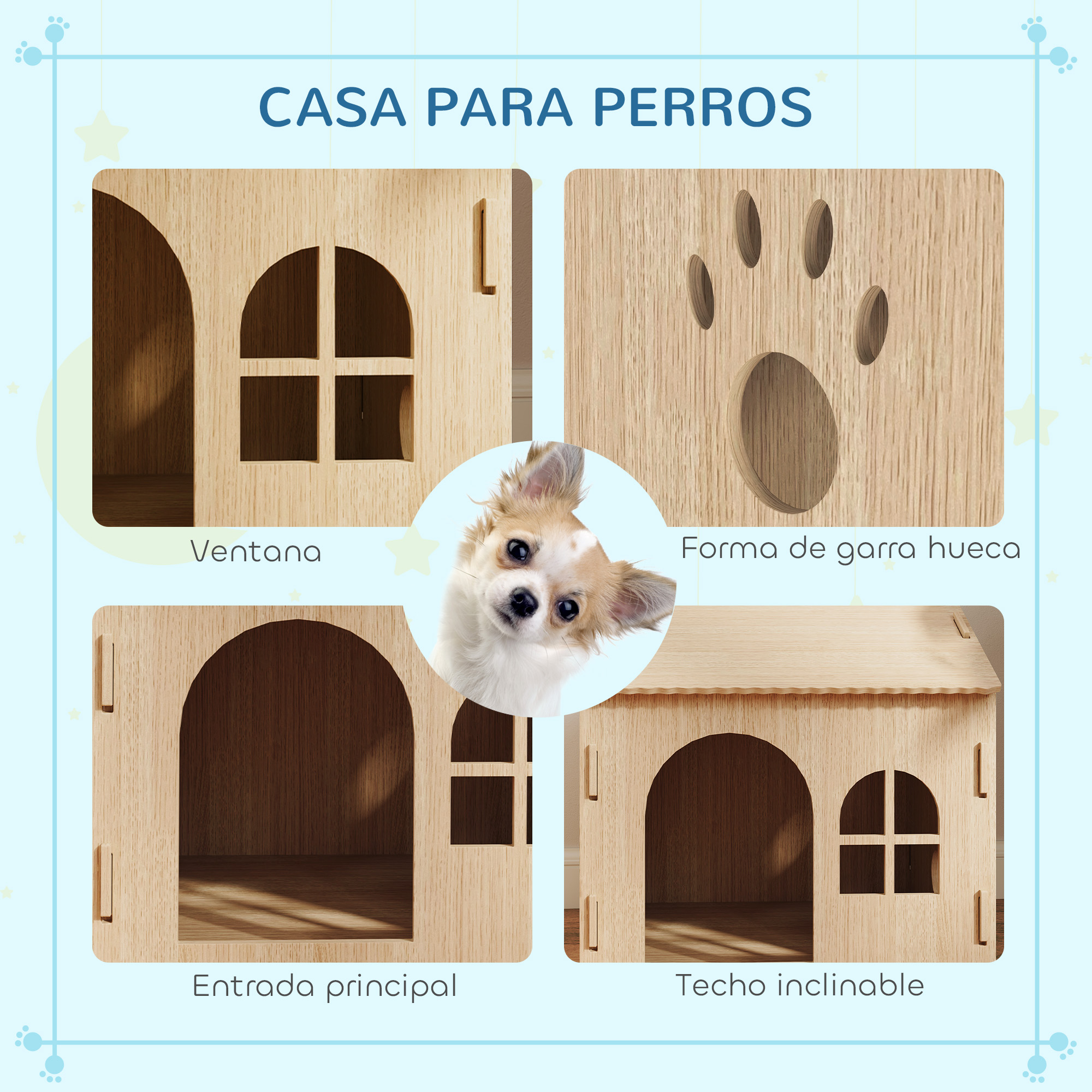 Una caseta para perros con diferentes vistas: ventana, agujero en forma de pata, entrada principal y techo inclinado.