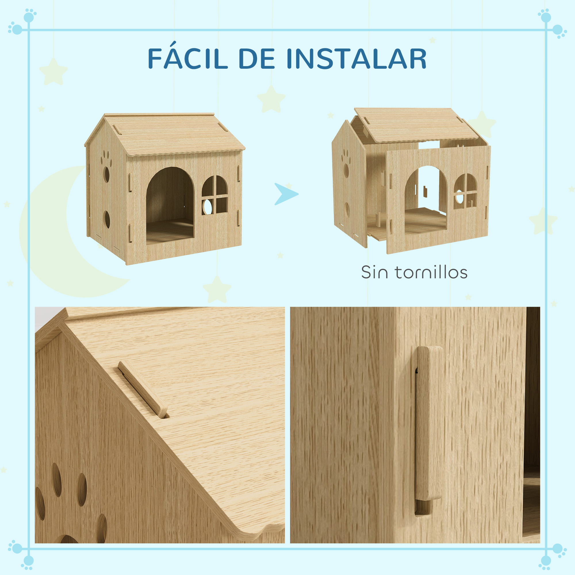 Casa de juegos de madera en dos etapas de montaje. Las piezas se encajan juntas. El fondo es azul claro.