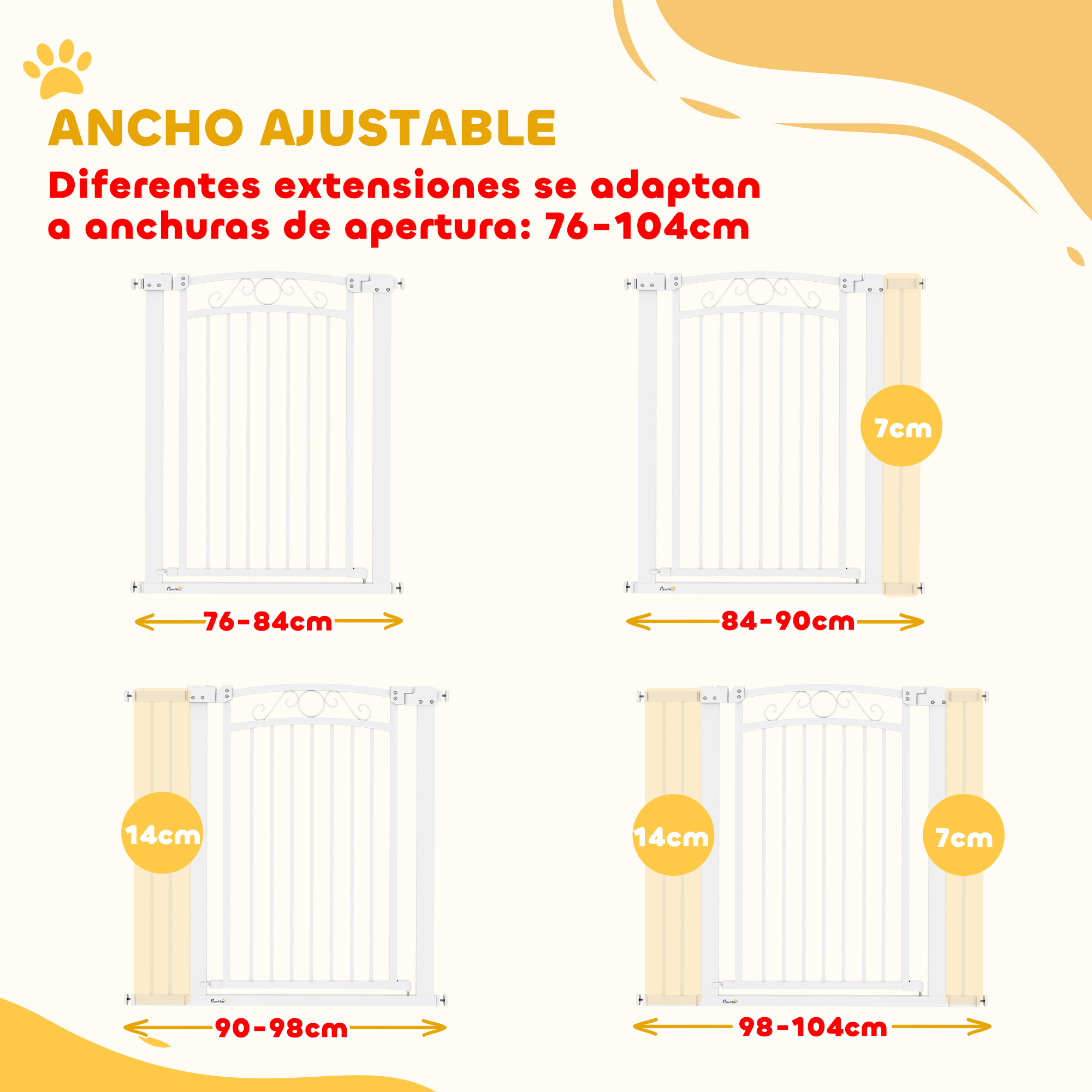 Diagramas que muestran puertas para mascotas ajustables con diferentes anchos: 76-104 cm, 7 cm y 14 cm.