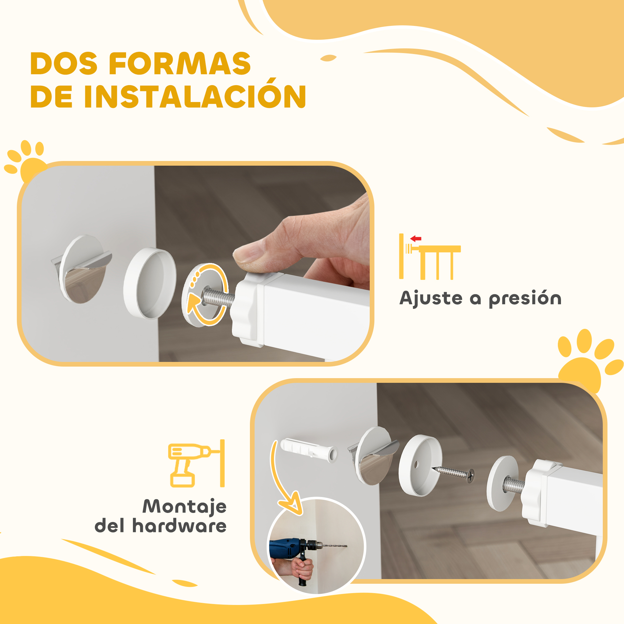 Dos formas de instalación para una barrera para mascotas. Tornillos en la pared o ajuste a presión.