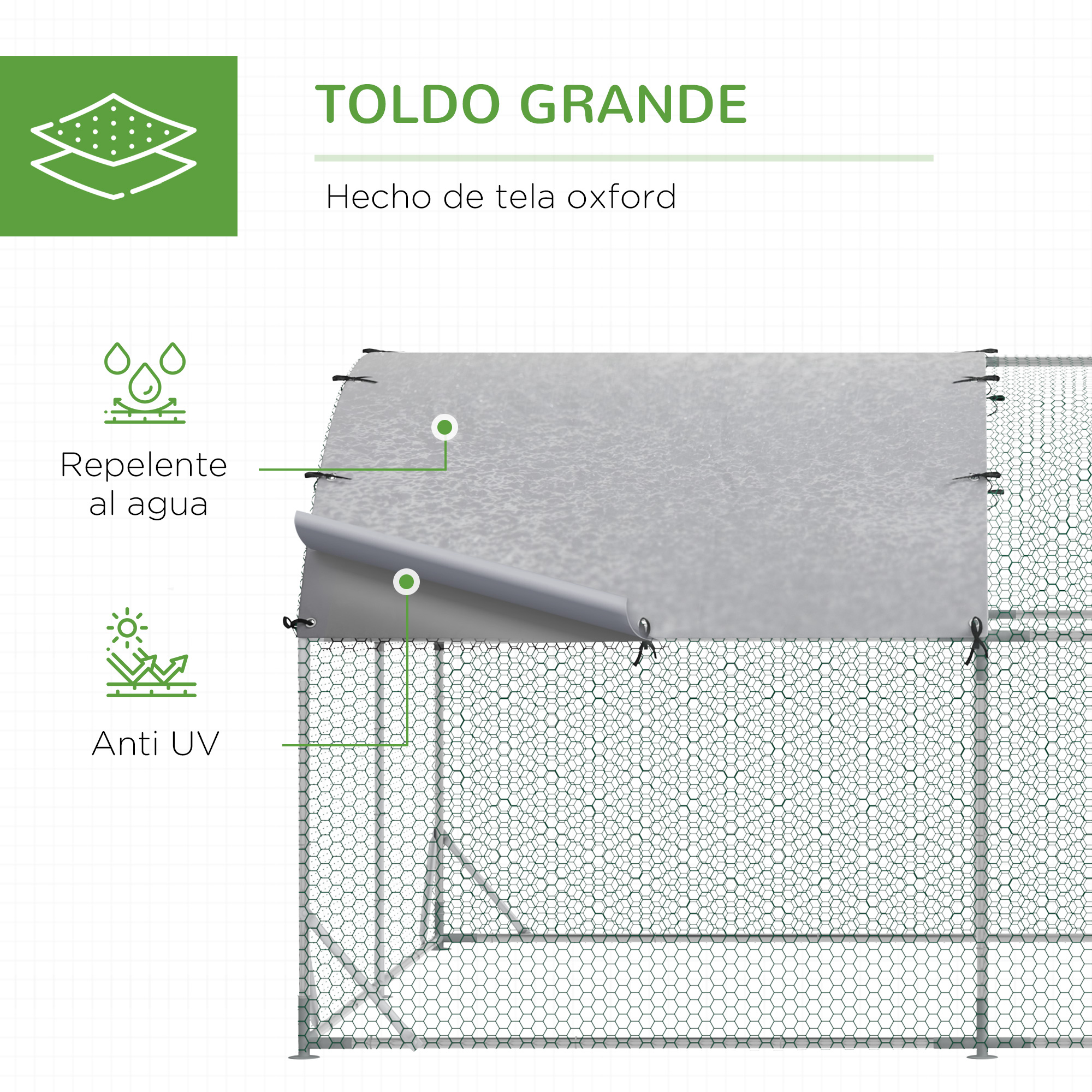 Primer plano de una cubierta blanca y verde para parque de perros. Tela Oxford, resistente al agua.
