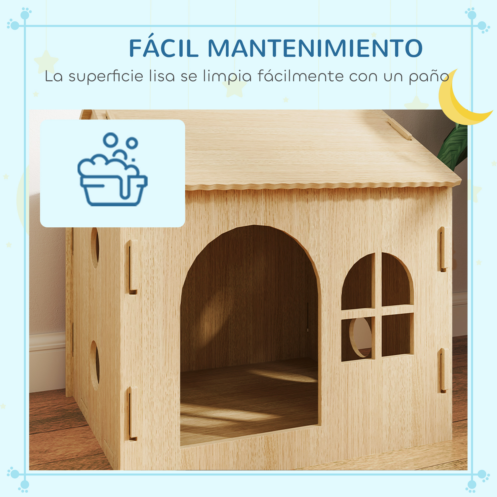 Una caseta de perro de madera con un diseño simple y un icono de limpieza.