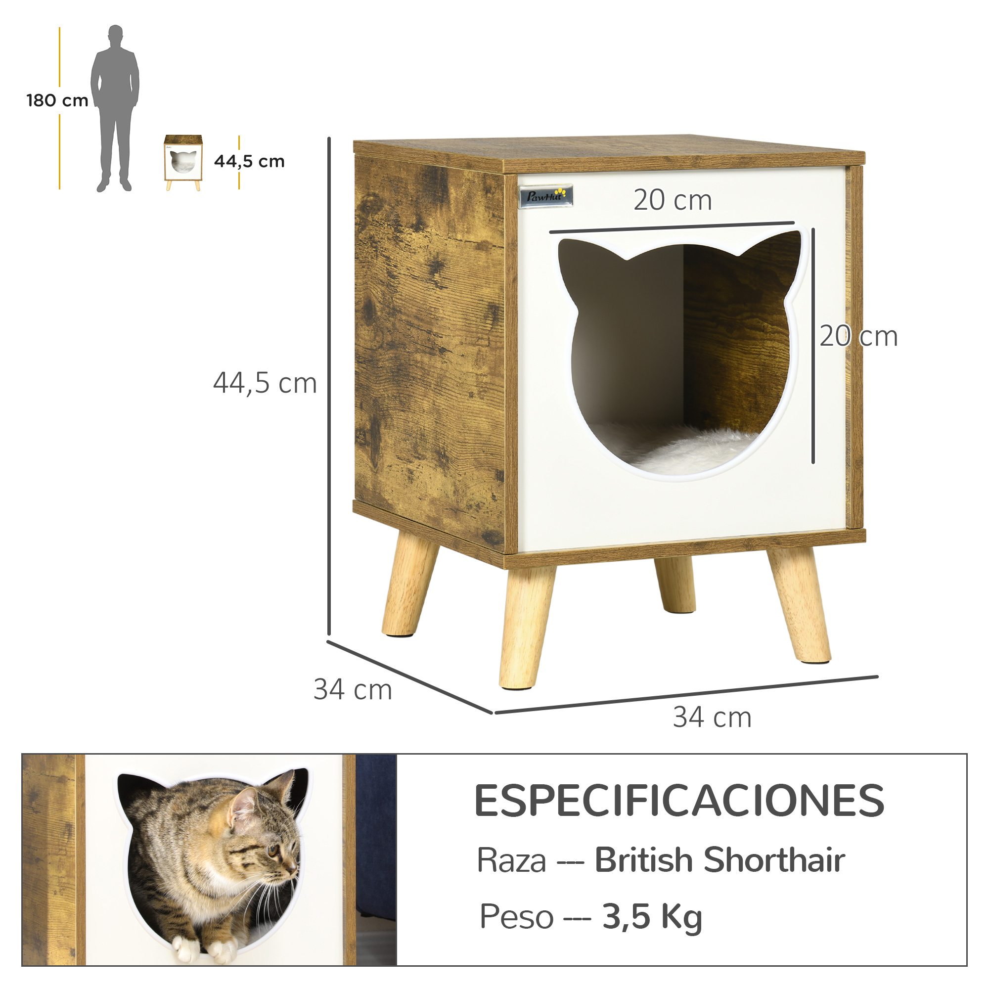 Una casa para gatos con entrada en forma de gato. Se muestran las dimensiones, con un gato dentro.
