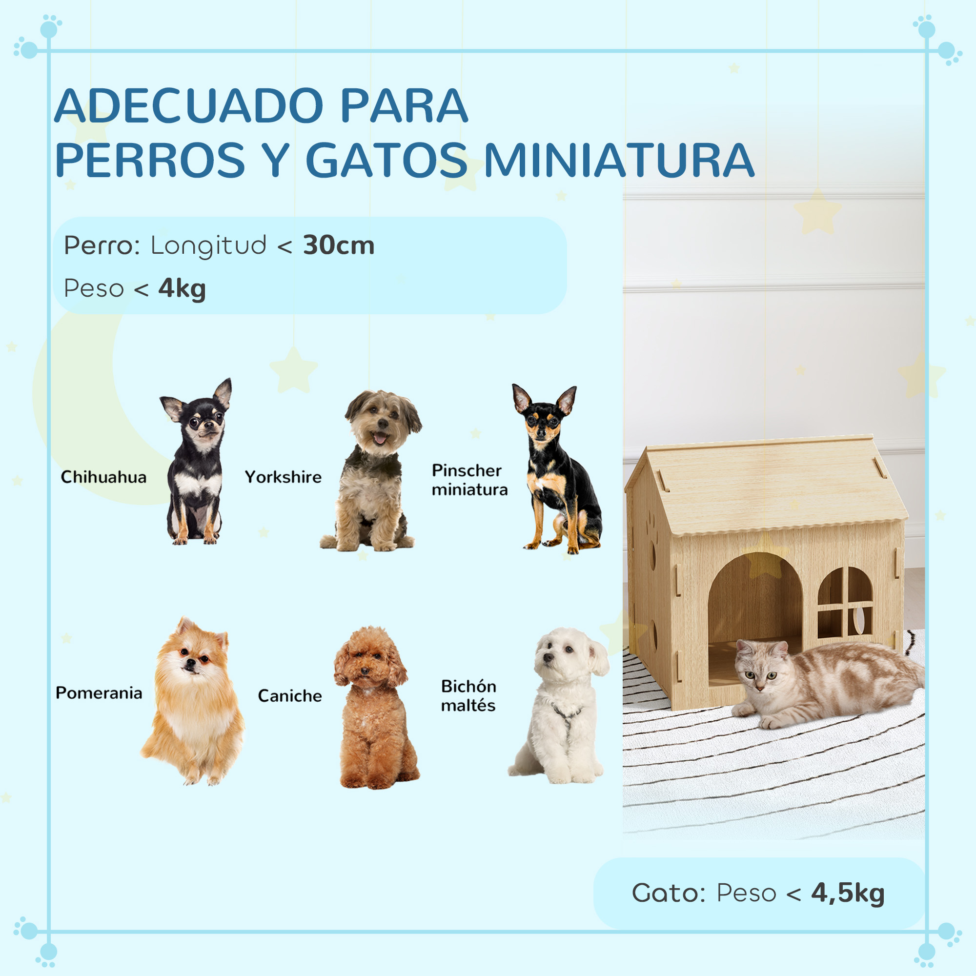 La imagen muestra varias razas de perros y un gato con una casita. El texto indica que el producto es para perros y gatos pequeños.