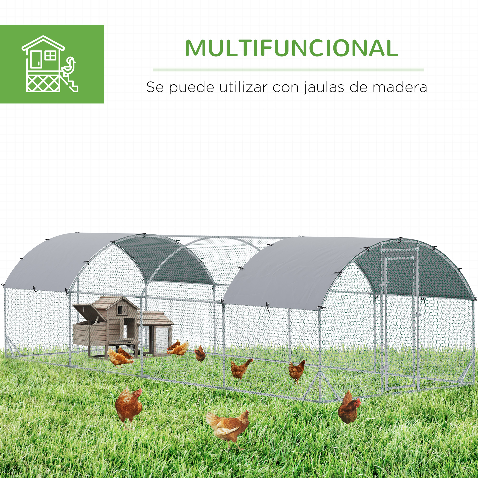 Gran gallinero con gallinas, sobre césped verde.