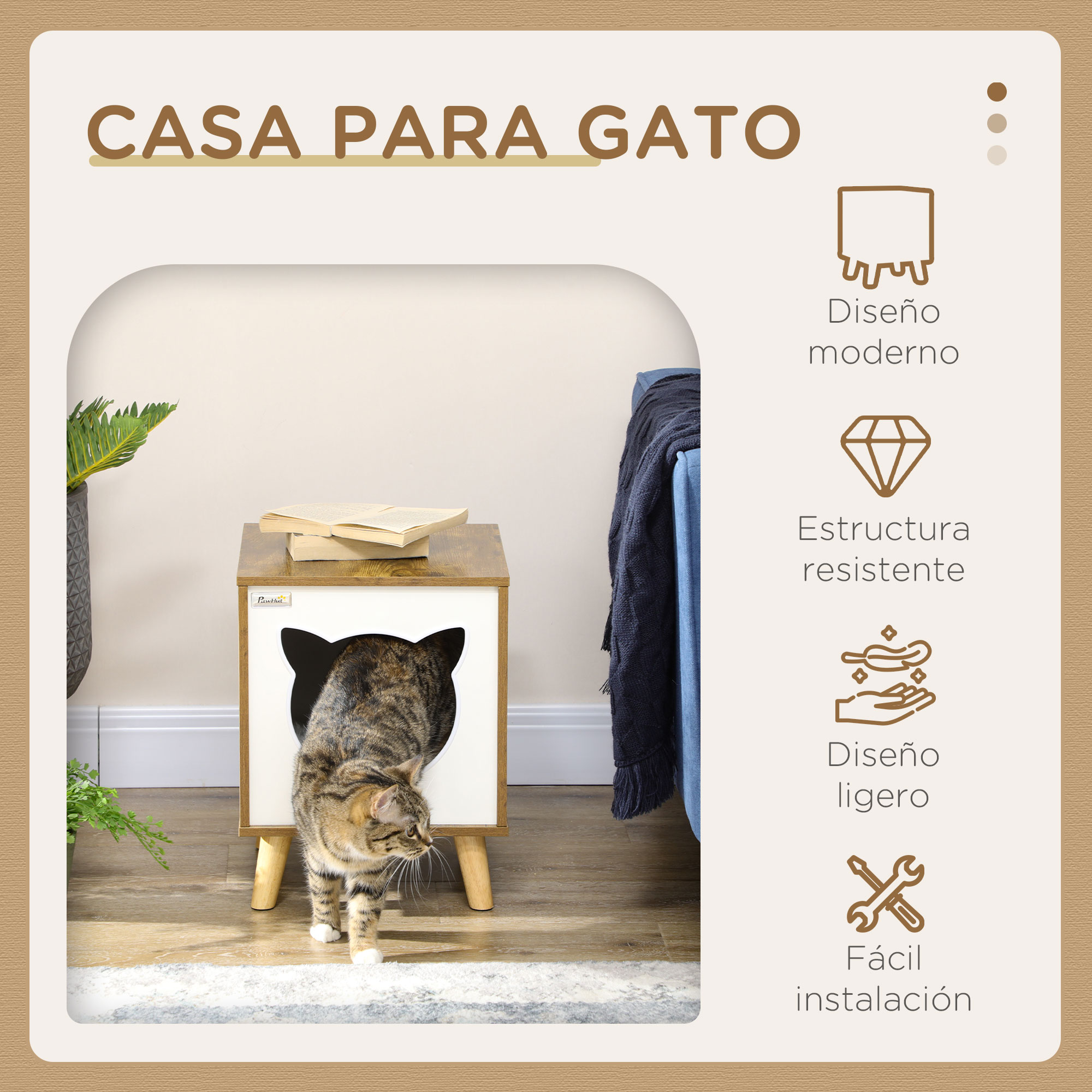 Un gato en una casa moderna para gatos con una abertura negra en forma de gato. Color blanco y madera.
