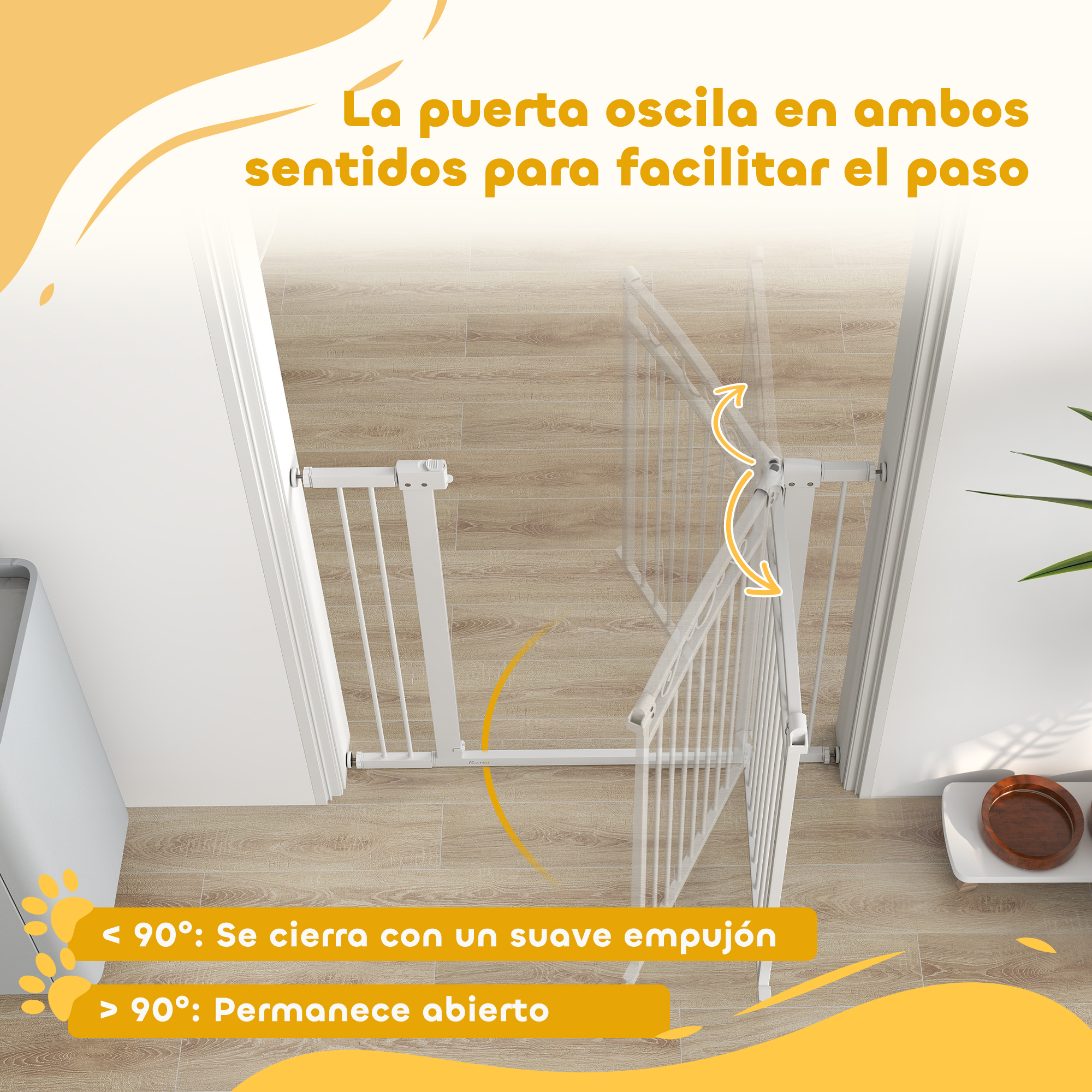 Una puerta de seguridad blanca en una puerta. La puerta se balancea en ambas direcciones. Flechas indican cómo se cierra.