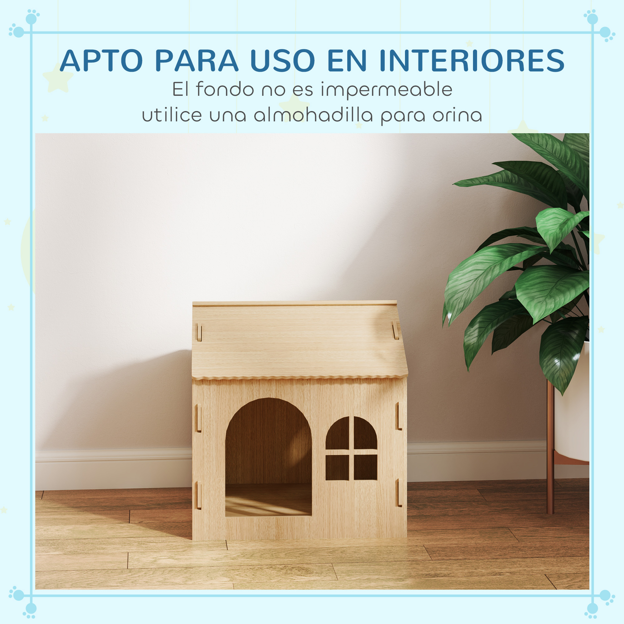 Una caseta de perro de madera en una habitación con una pared blanca y una planta. La casa tiene un diseño simple.