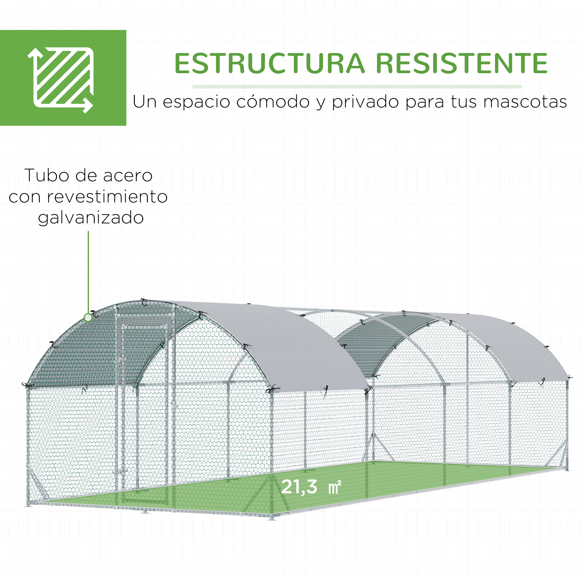 Gallinero metálico con base verde, techo gris y malla metálica. El texto incluye estructura resistente.