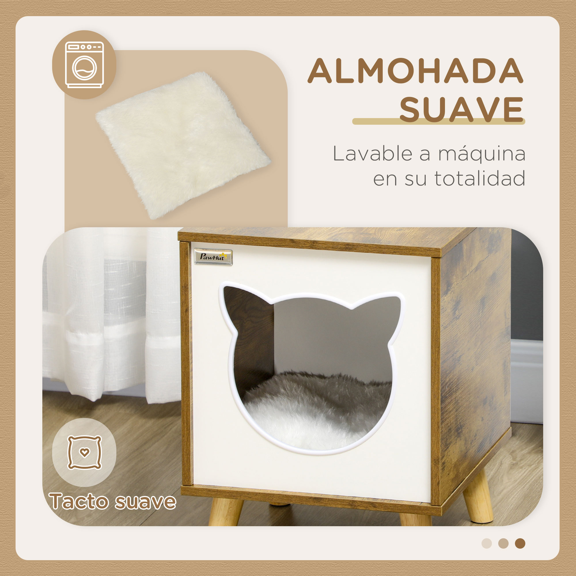 Una casa para gatos con entrada en forma de gato y una almohada suave. La casa es de madera.
